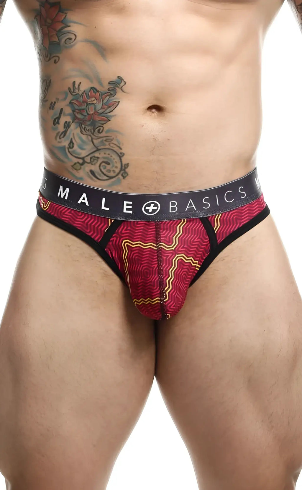 Malebasics mens thong sexy pouch in red and black patterned fabric with a supportive pouch and branded waistband