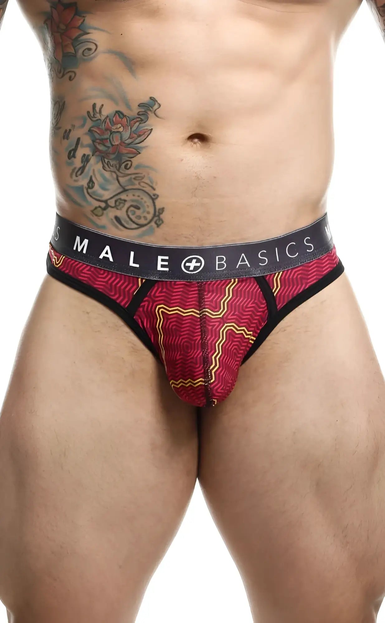 Malebasics mens thong sexy pouch in red and black patterned fabric with a supportive pouch and branded waistband