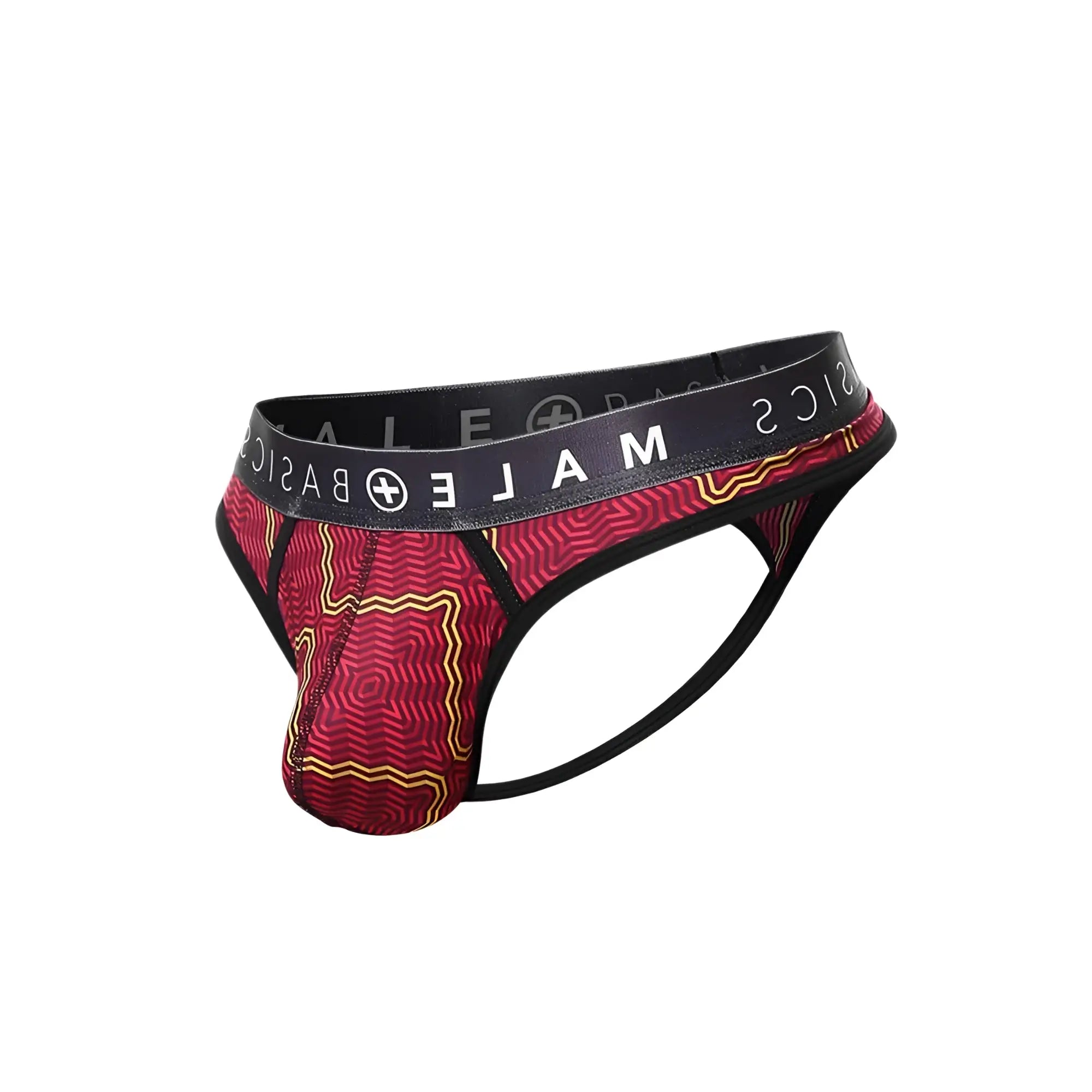 Malebasics mens thong sexy pouch in red and gold patterned fabric with black logo waistband for a bold look