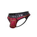 Malebasics mens thong sexy pouch in red and gold patterned fabric with black waistband and male basics logo