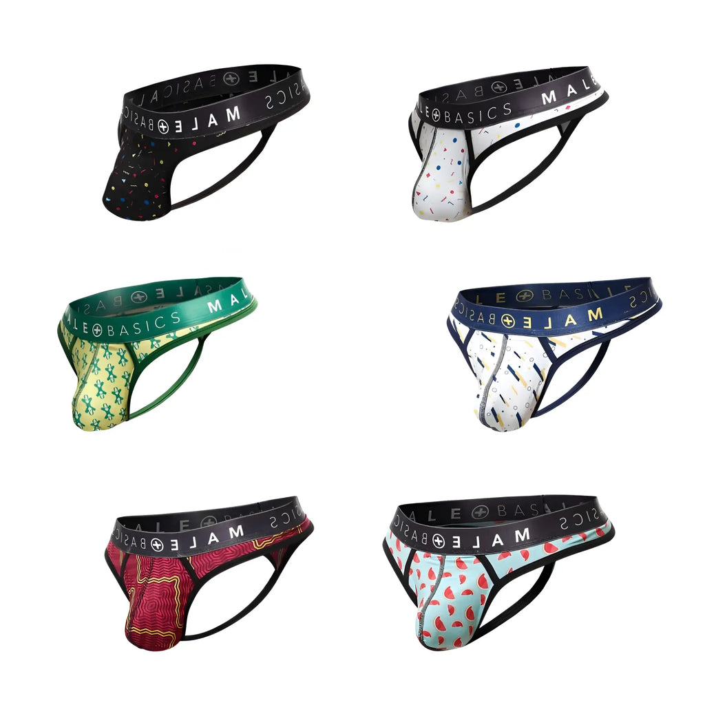 Six pairs of malebasics mens thong sexy pouch underwear with colorful patterns and black elastic waistbands
