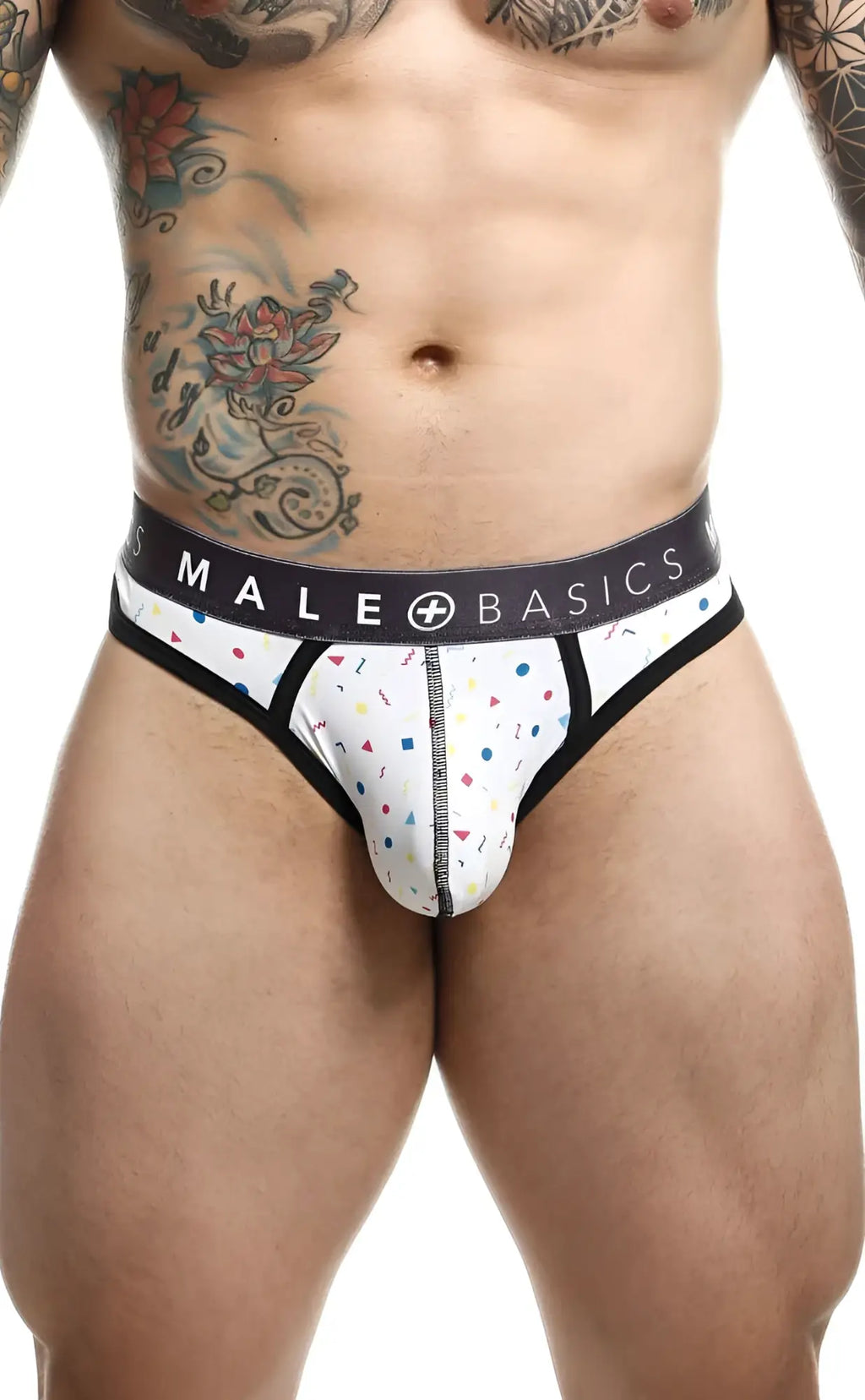 Malebasics mens thong sexy pouch in white with playful pink blue yellow confetti pattern and black trim waistband