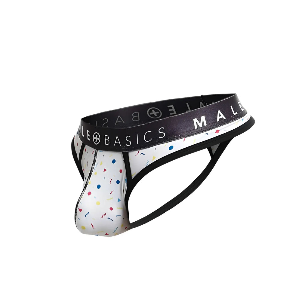 White malebasics mens thong with playful multicolored confetti pattern and black branded elastic waistband