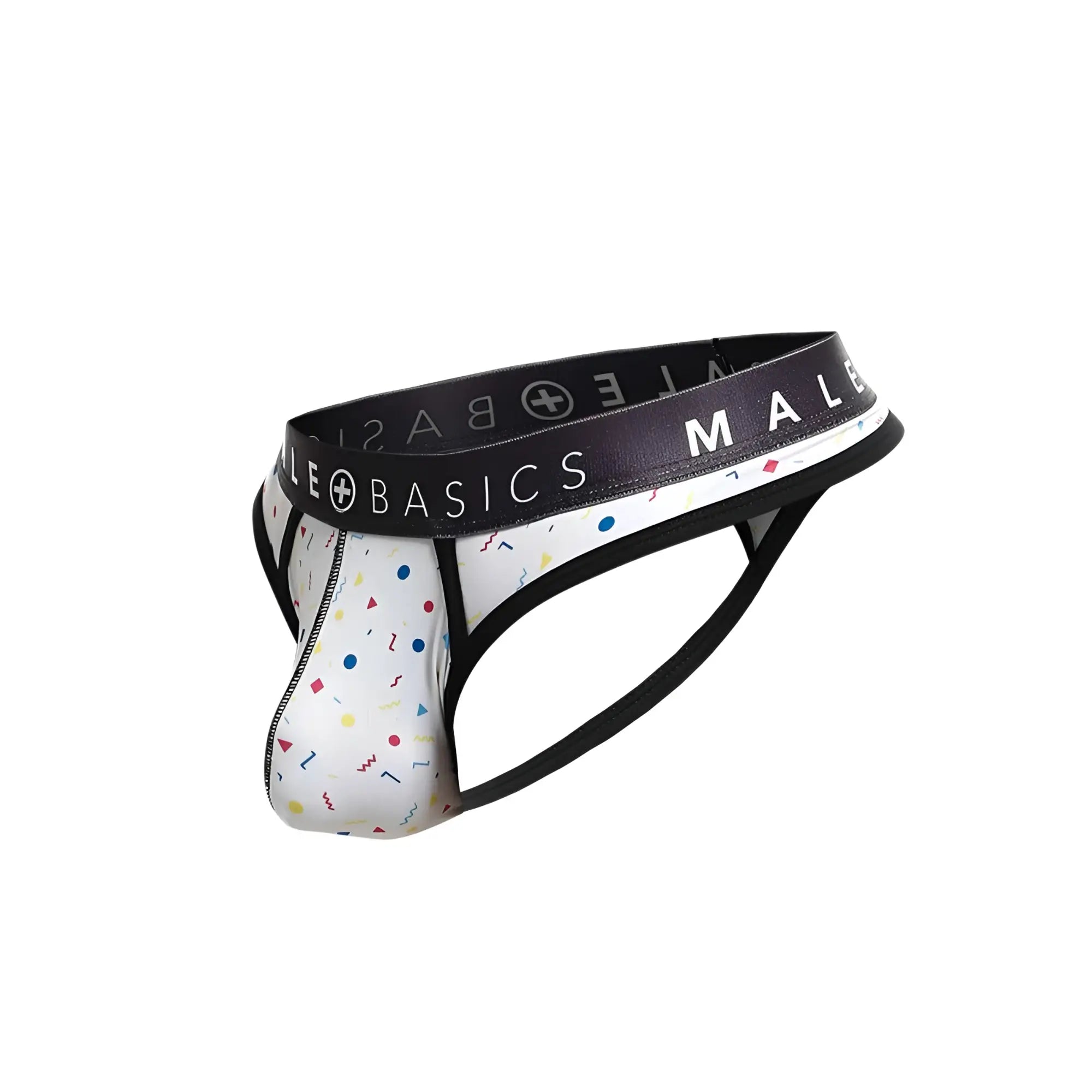 White malebasics mens thong with playful multicolored confetti pattern and black branded elastic waistband
