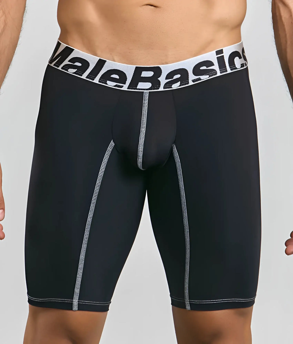 Black malebasics microfiber athletic boxer briefs with white elastic waistband and silver seam stitching