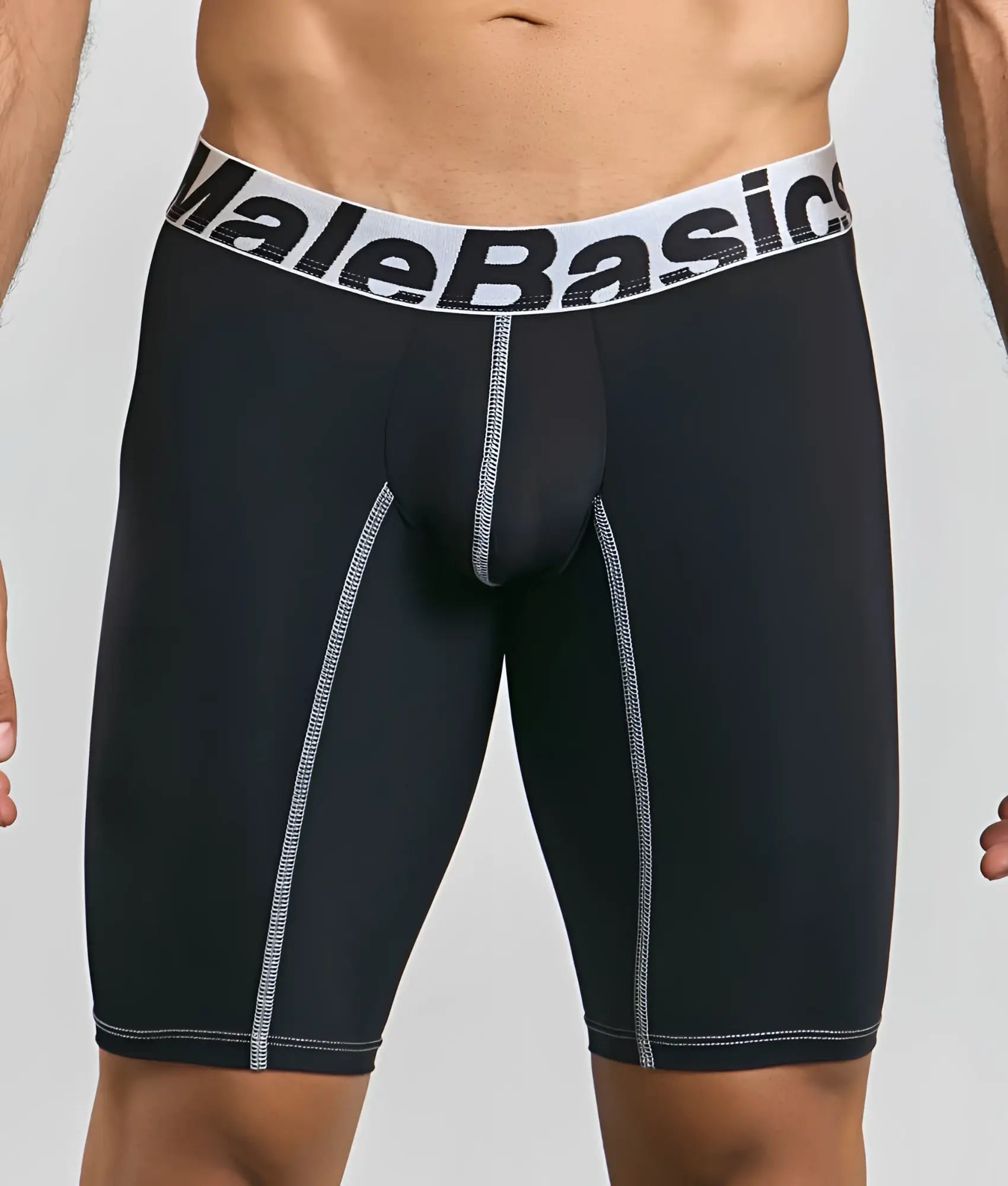 Black malebasics microfiber athletic boxer briefs with white elastic waistband and silver seam stitching