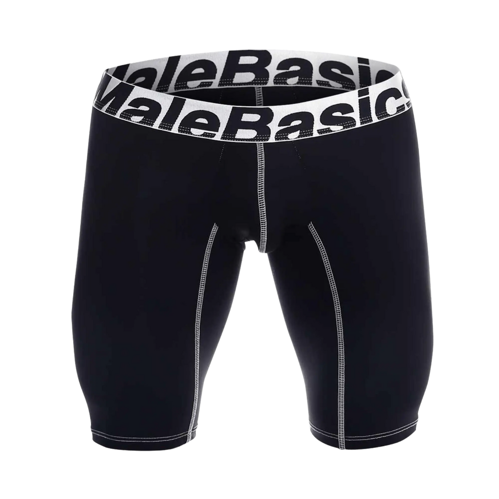 Black malebasics microfiber compression shorts with white elastic waistband and contrasting stitching for athletics