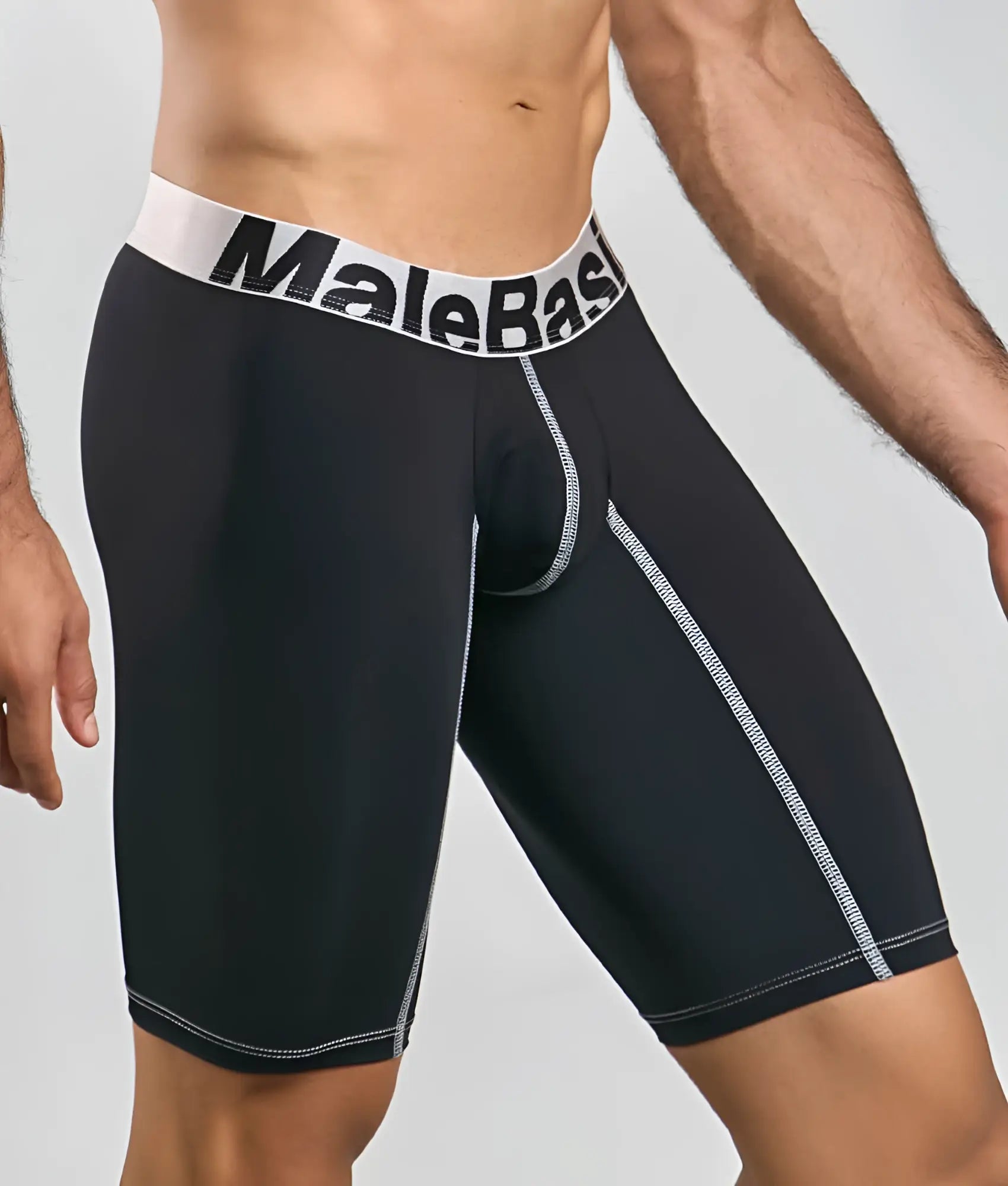Black malebasics microfiber athletic boxer briefs with white waistband and gray side stitching