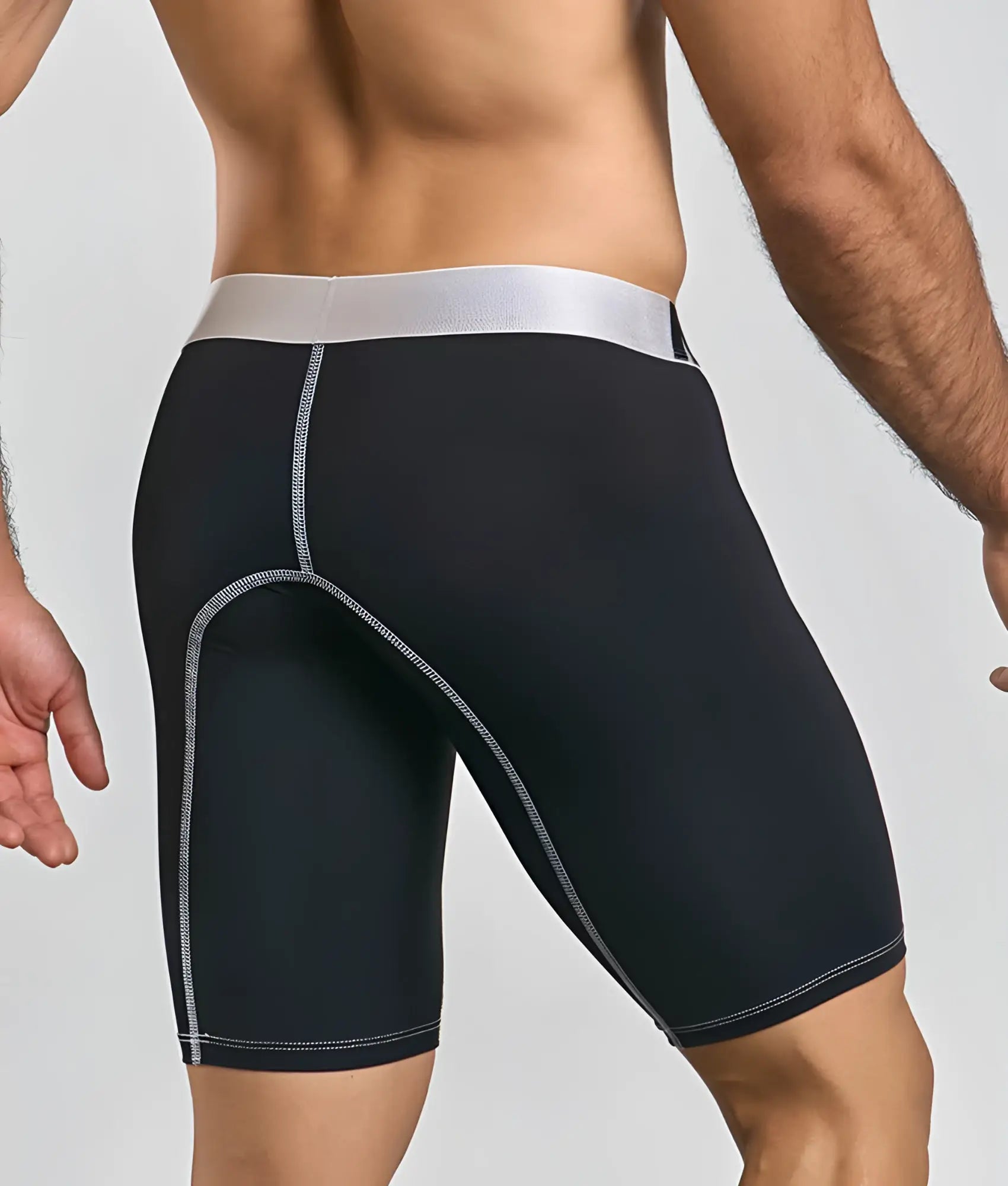 Malebasics microfiber athletic boxer in black with a silver waistband and matching stitching details