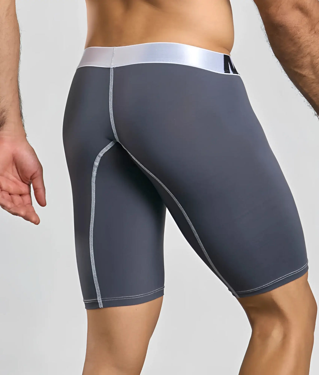 Dark gray microfiber malebasics micro athletic boxer with silver waistband and matching seam stitching for active wear