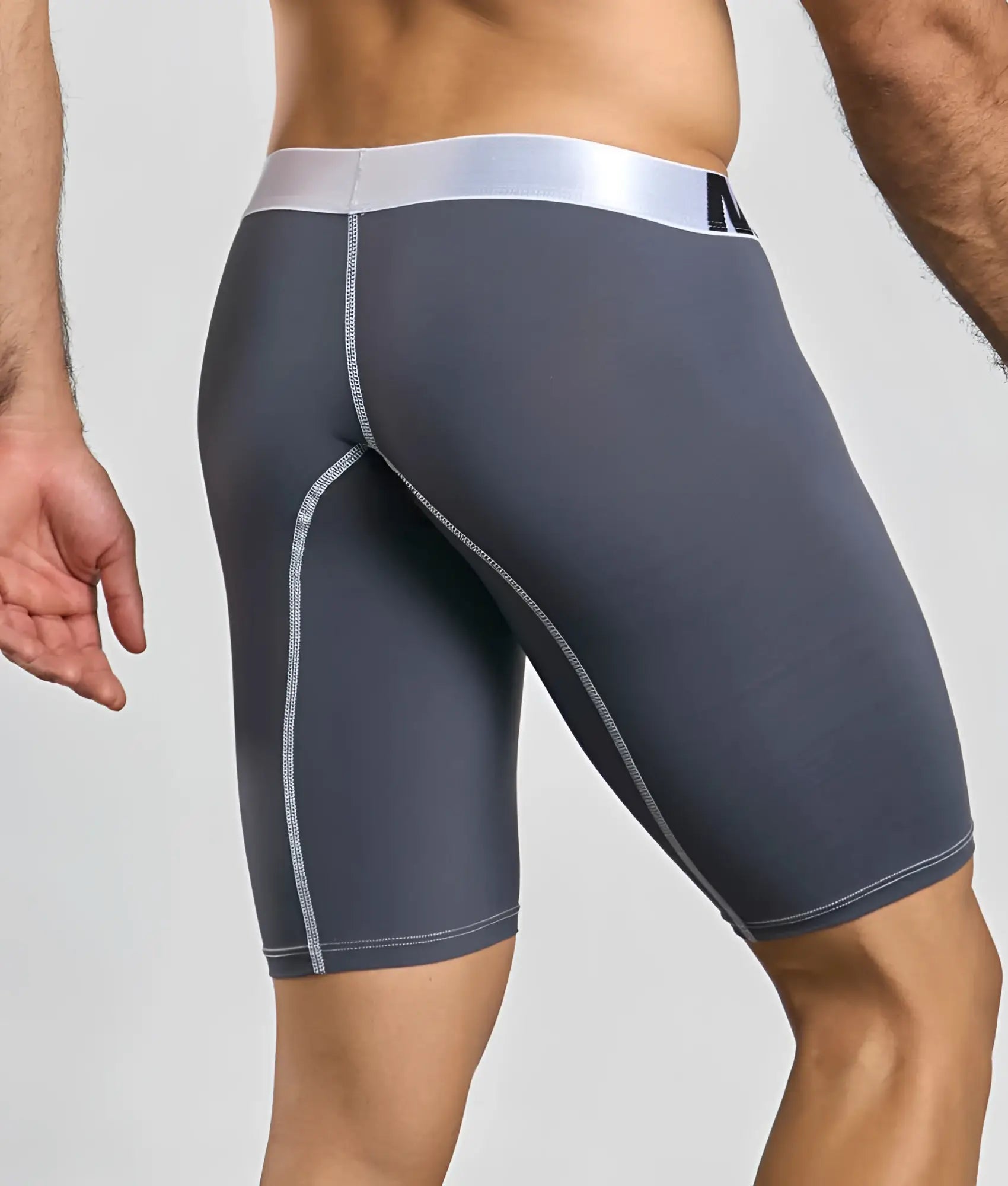 Dark gray microfiber malebasics micro athletic boxer with silver waistband and matching seam stitching for active wear