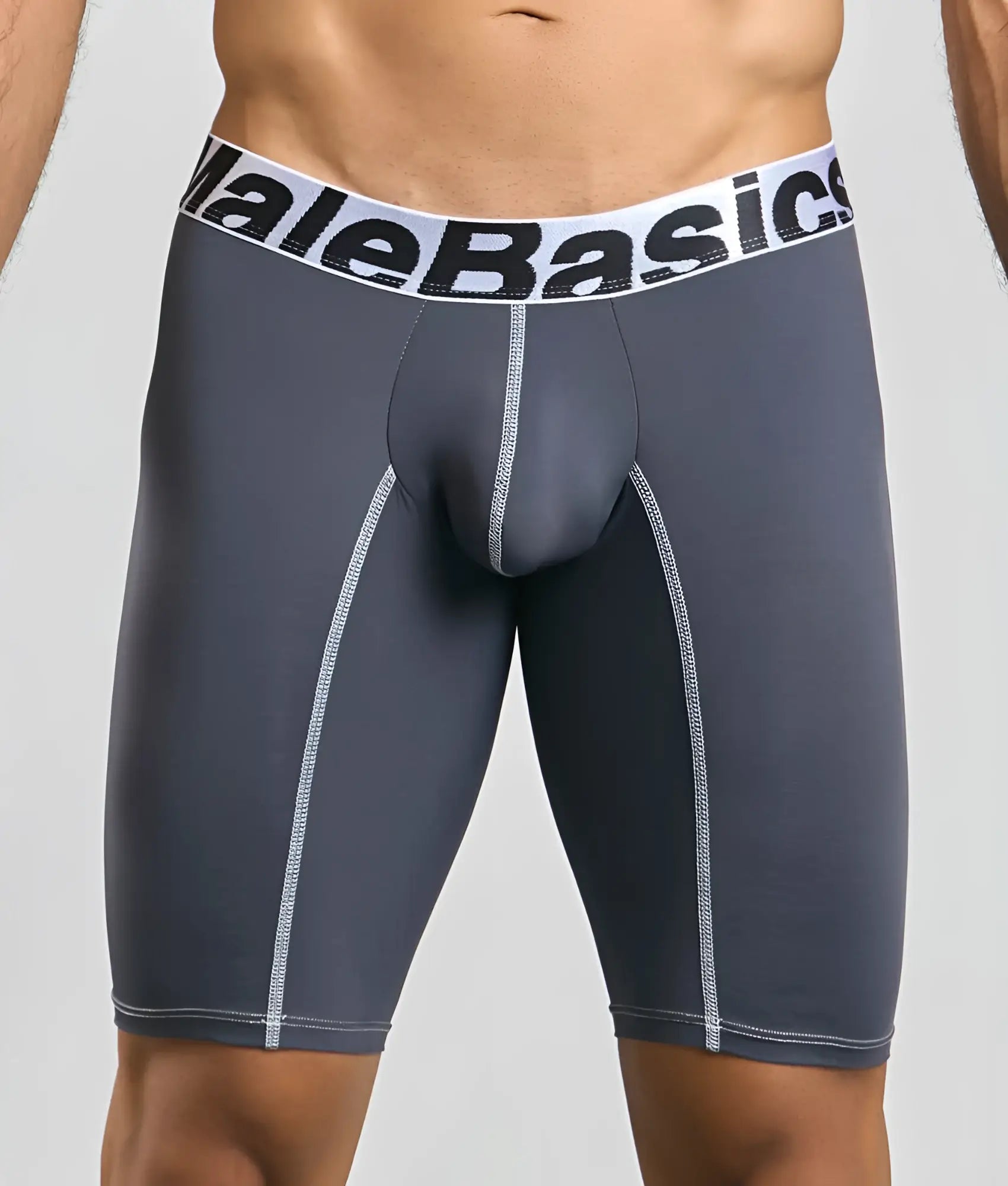 Dark gray malebasics microfiber athletic boxer briefs with white elastic waistband and silver stitching