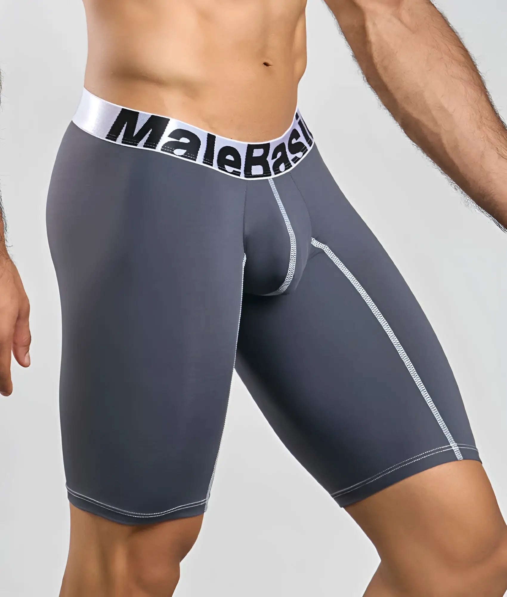 Gray malebasic microfiber athletic boxer briefs with white elastic waistband black lettering and silver stitching