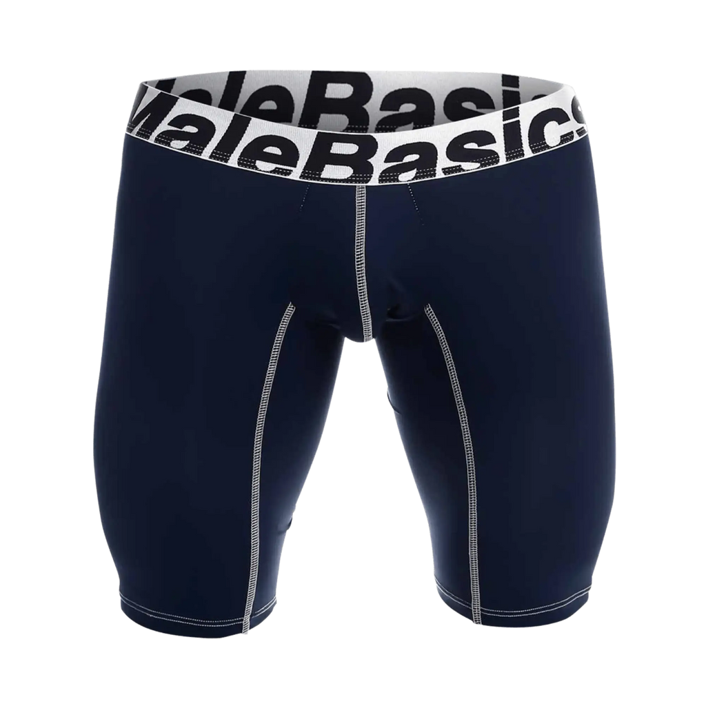 Navy blue male basics microfiber athletic boxer briefs with white elastic waistband and contrasting stitching