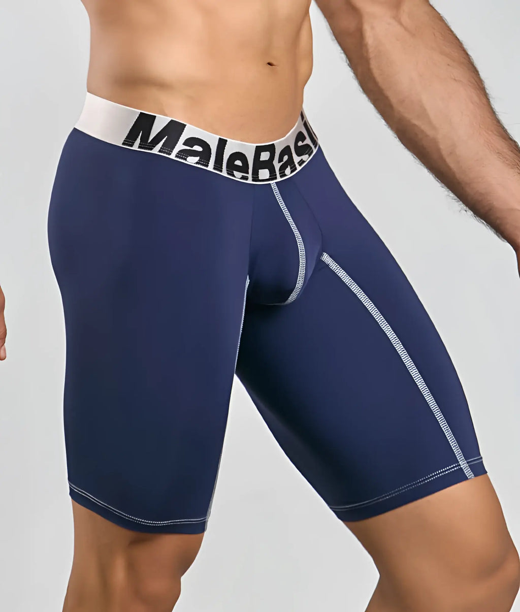 Navy blue malebasics microfiber athletic boxer briefs with white elastic waistband and silver stitching details
