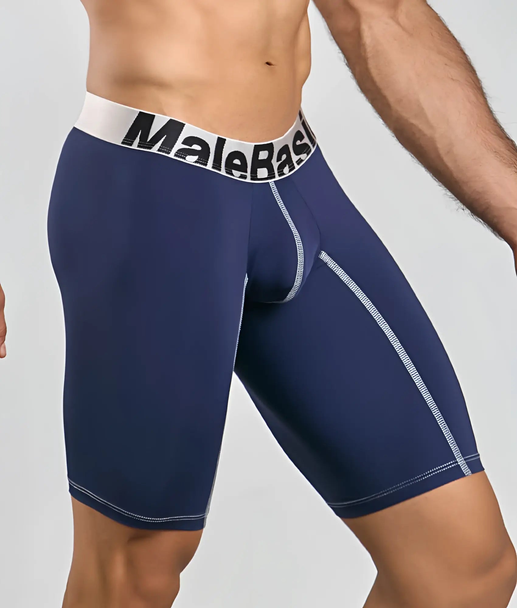 Navy blue malebasics microfiber athletic boxer briefs with white elastic waistband and silver stitching details
