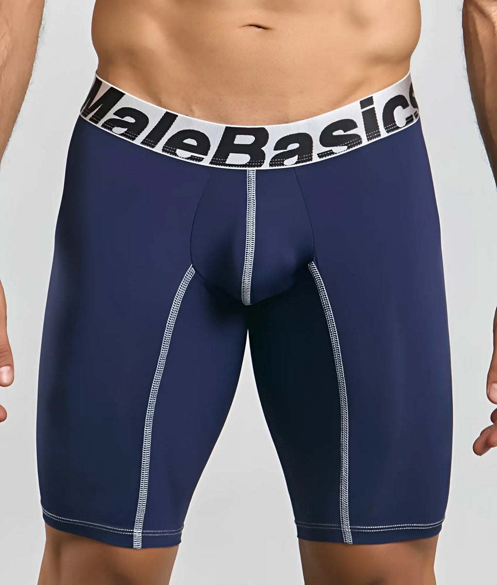 MaleBasics microfiber athletic boxer briefs in navy blue with white elastic waistband and silver contrast stitching