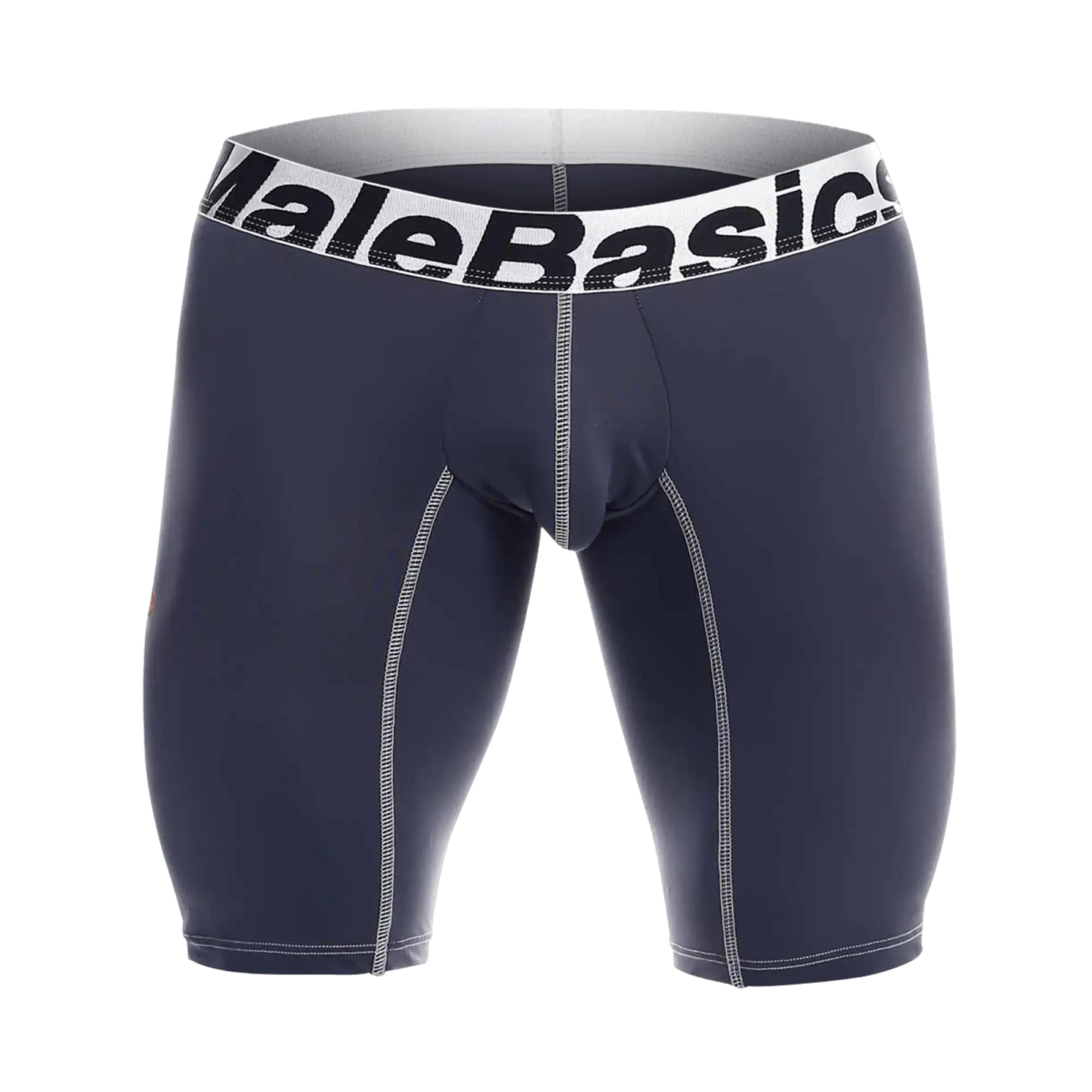 Navy blue malebasics microfiber athletic boxer briefs with white elastic waistband and contrasting stitching front view