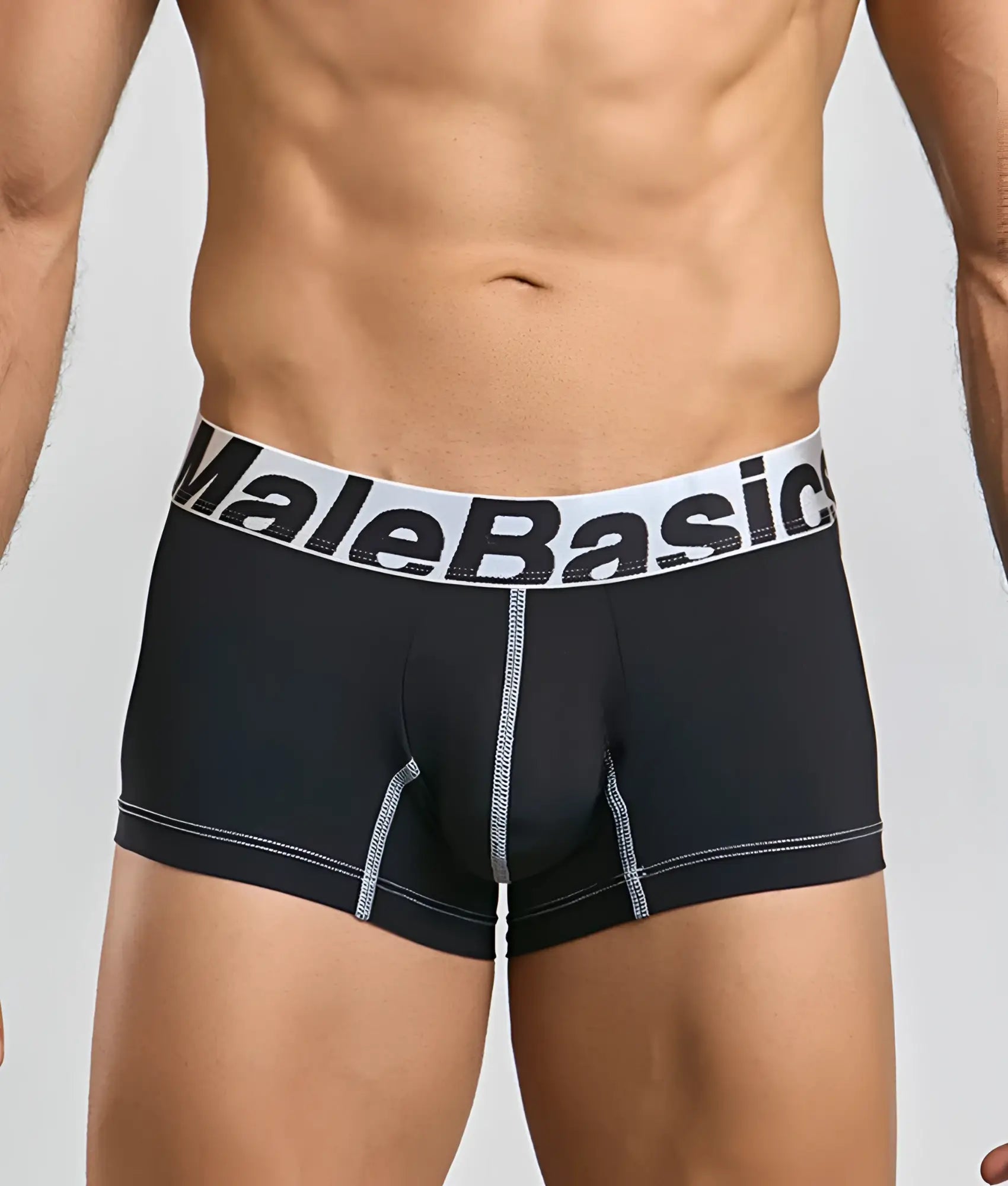 Black malebasics microfiber boxer briefs with white waistband bold black lettering and silver stitched seams visible