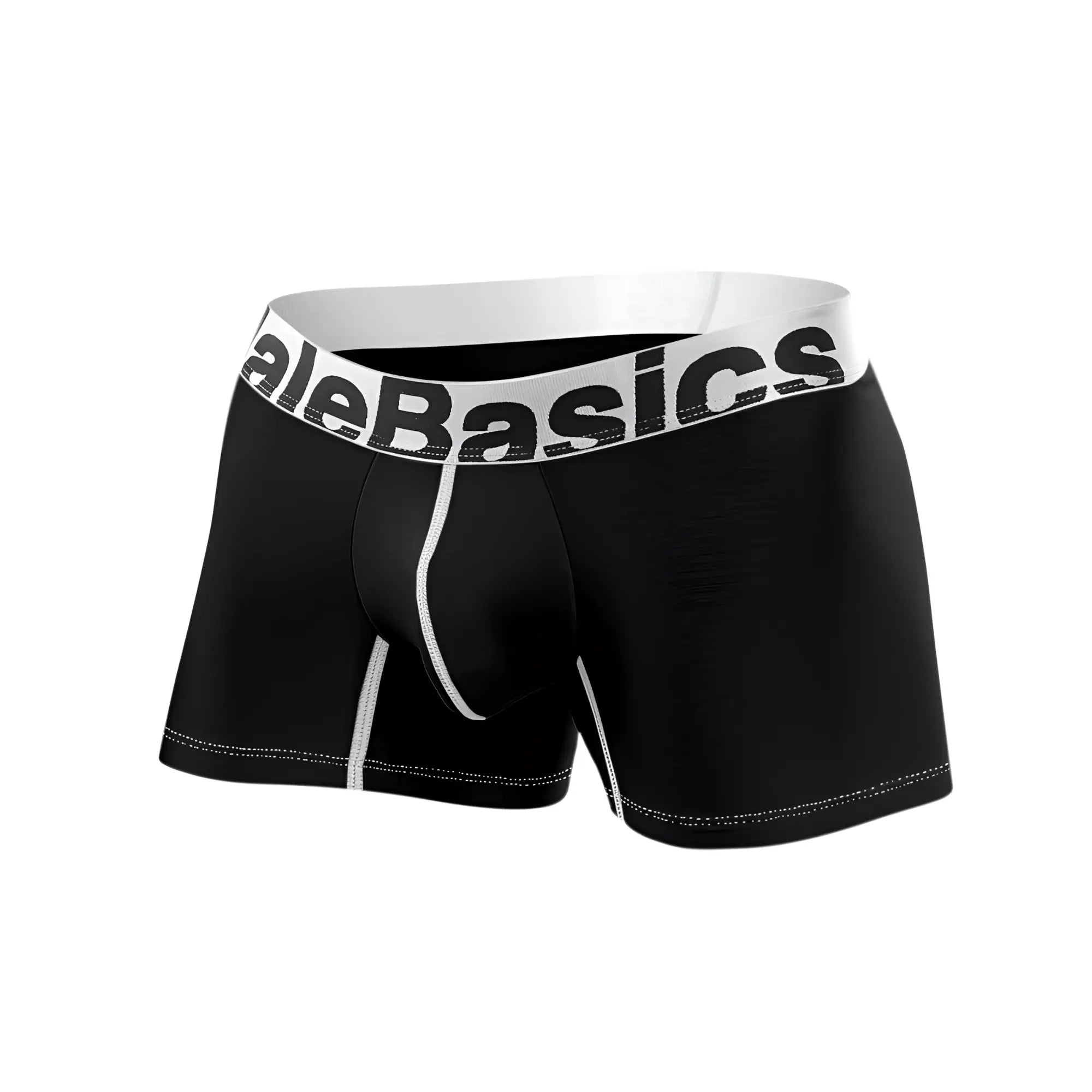 Black men’s microfiber boxer briefs with white elastic waistband and alebasics logo featuring contrasting stitching