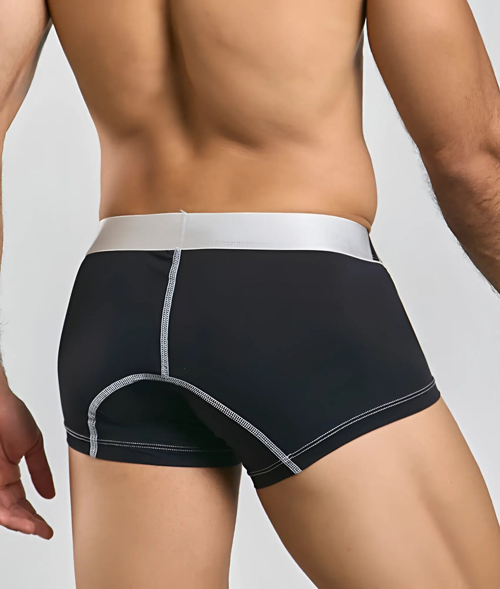 Black microfiber briefs with silver waistband and matching stitching details from malebasics microfiber boxer collection