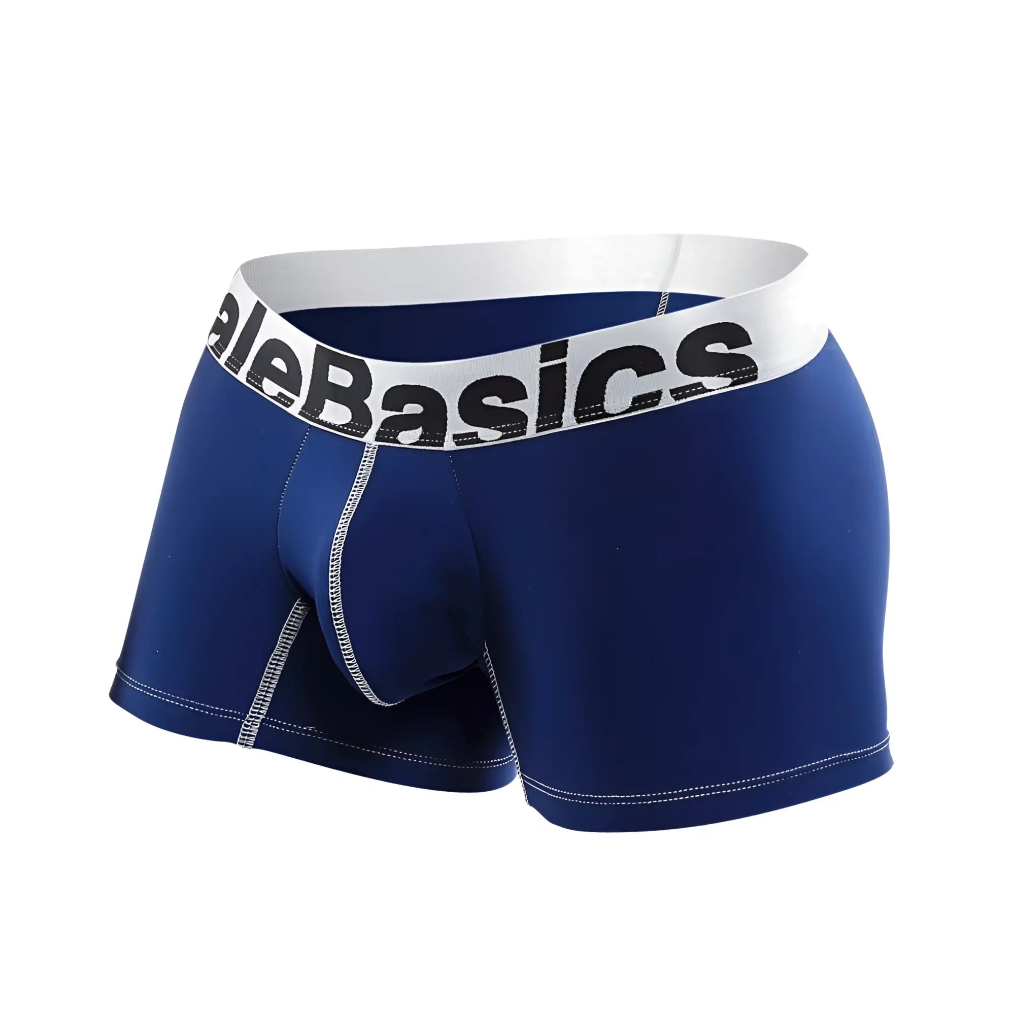 Blue malebasics microfiber boxer briefs with white waistband and alebasics logo in black lettering