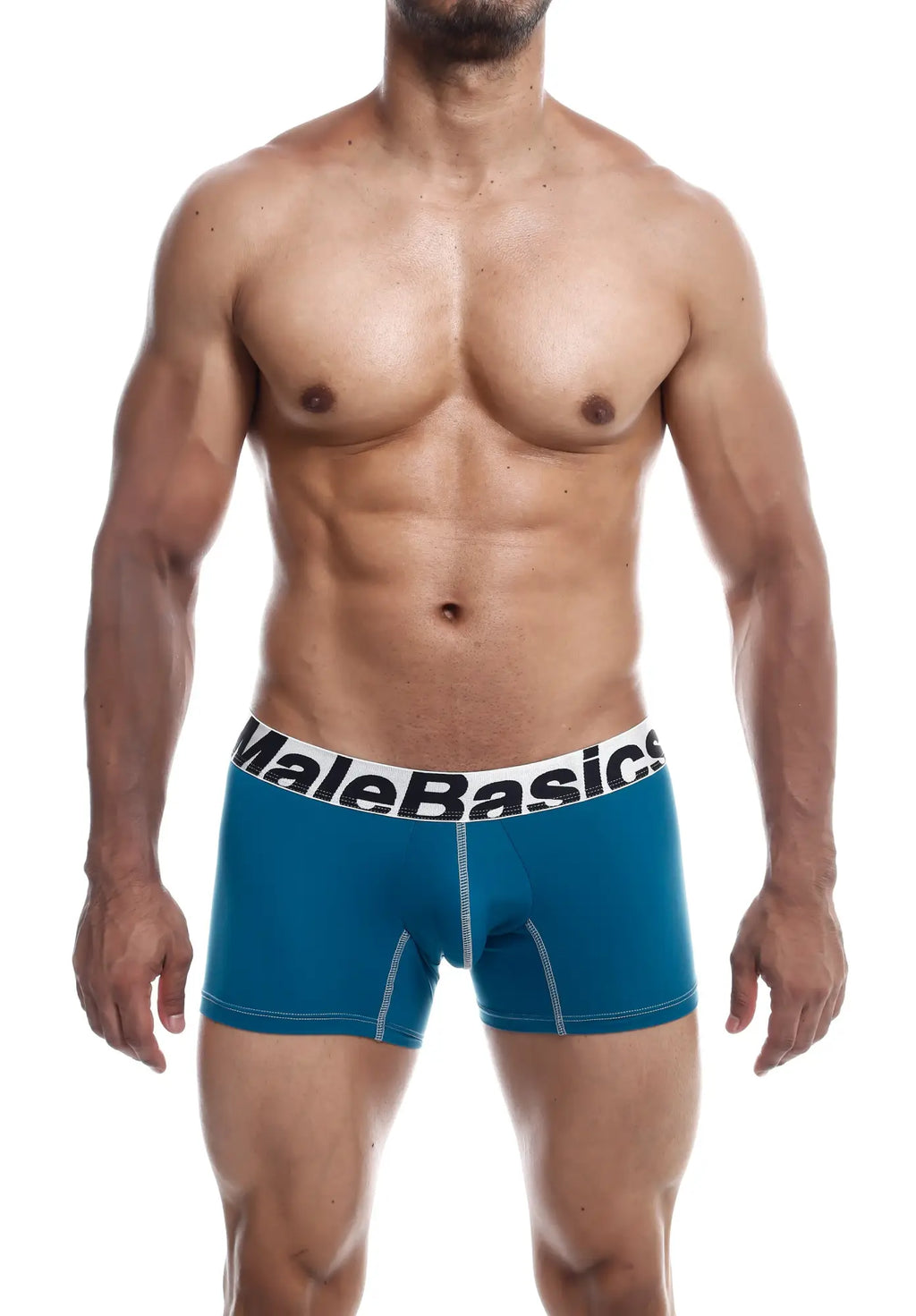 Blue malebasics microfiber boxer briefs with white waistband and contrasting stitching shown from the front