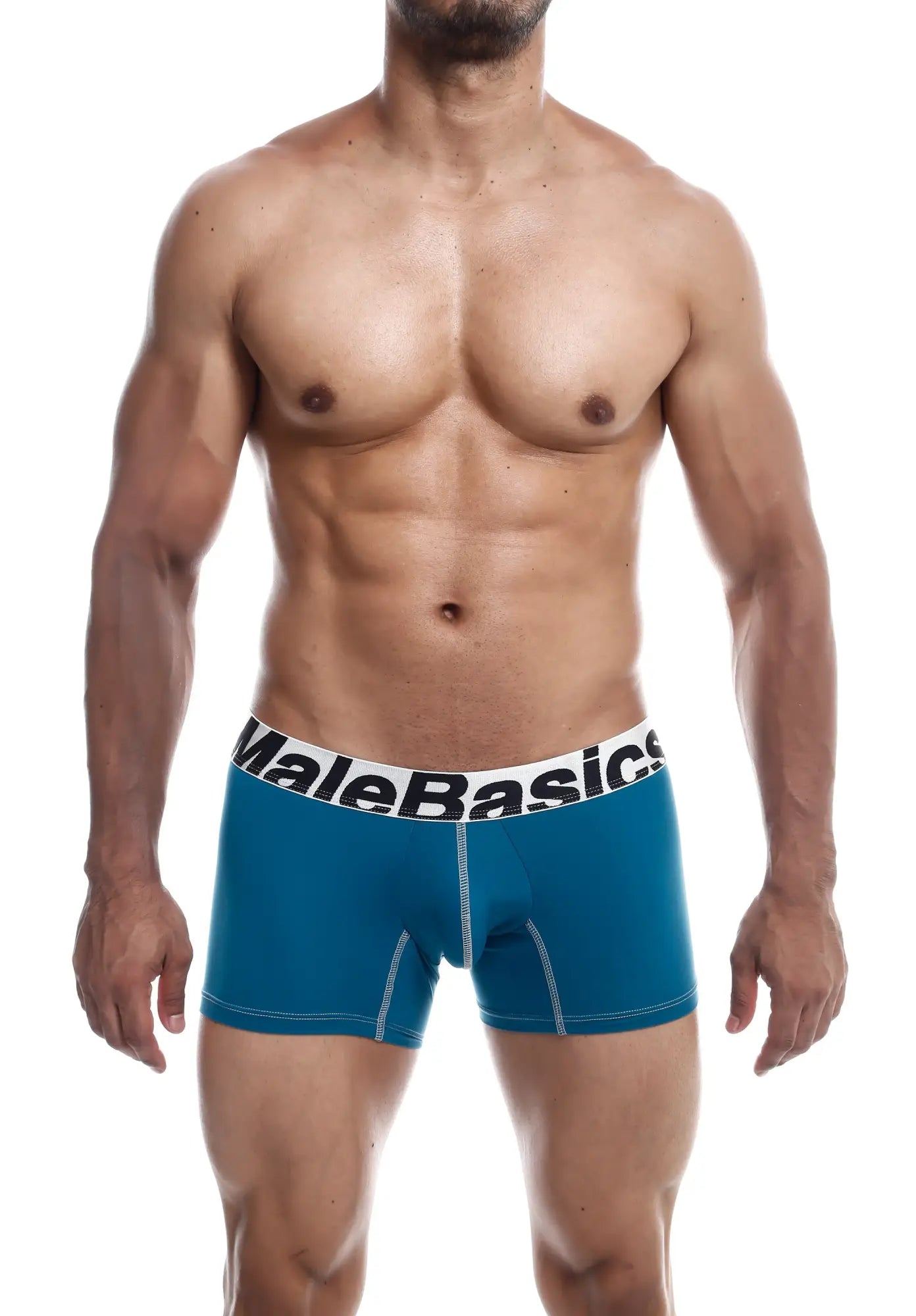 Blue malebasics microfiber boxer briefs with white waistband and contrasting stitching shown from the front