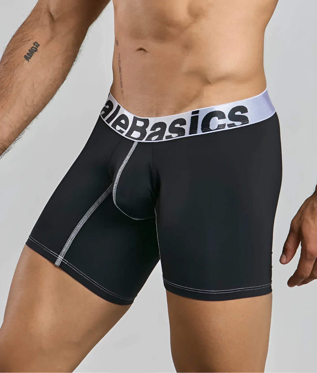 Black men’s MaleBasics microfiber boxer briefs in black with a white waistband featuring the alebasics logo