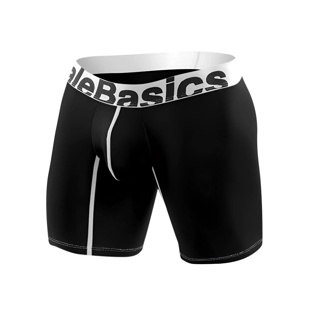 Black men’s microfiber boxer briefs with white elastic waistband featuring alebasics logo and subtle white stitching