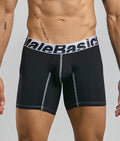 Black malebasics microfiber boxer briefs with white elastic waistband and silver stitching for comfortable support