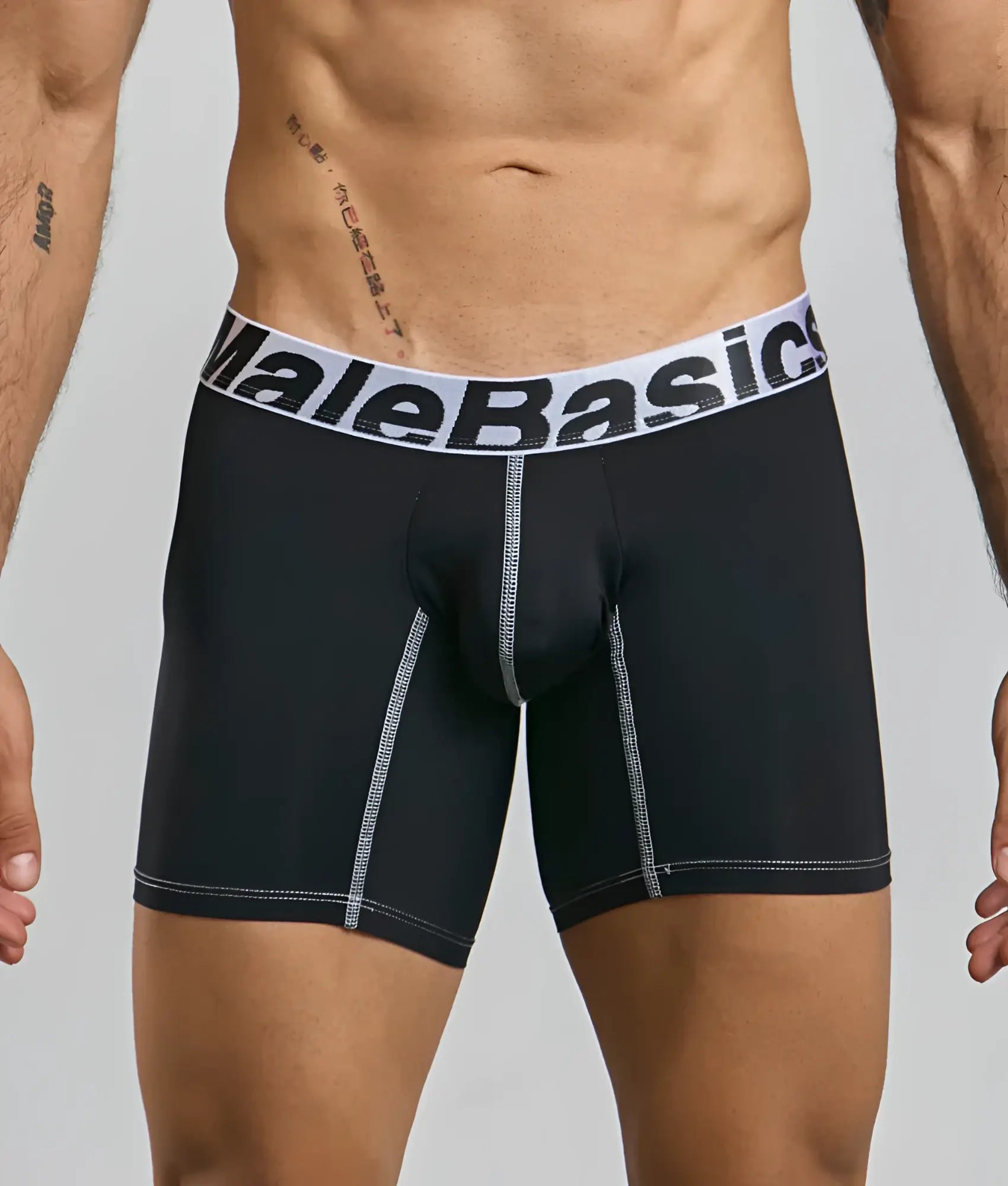 Black malebasics microfiber boxer briefs with white elastic waistband and silver stitching for comfortable support