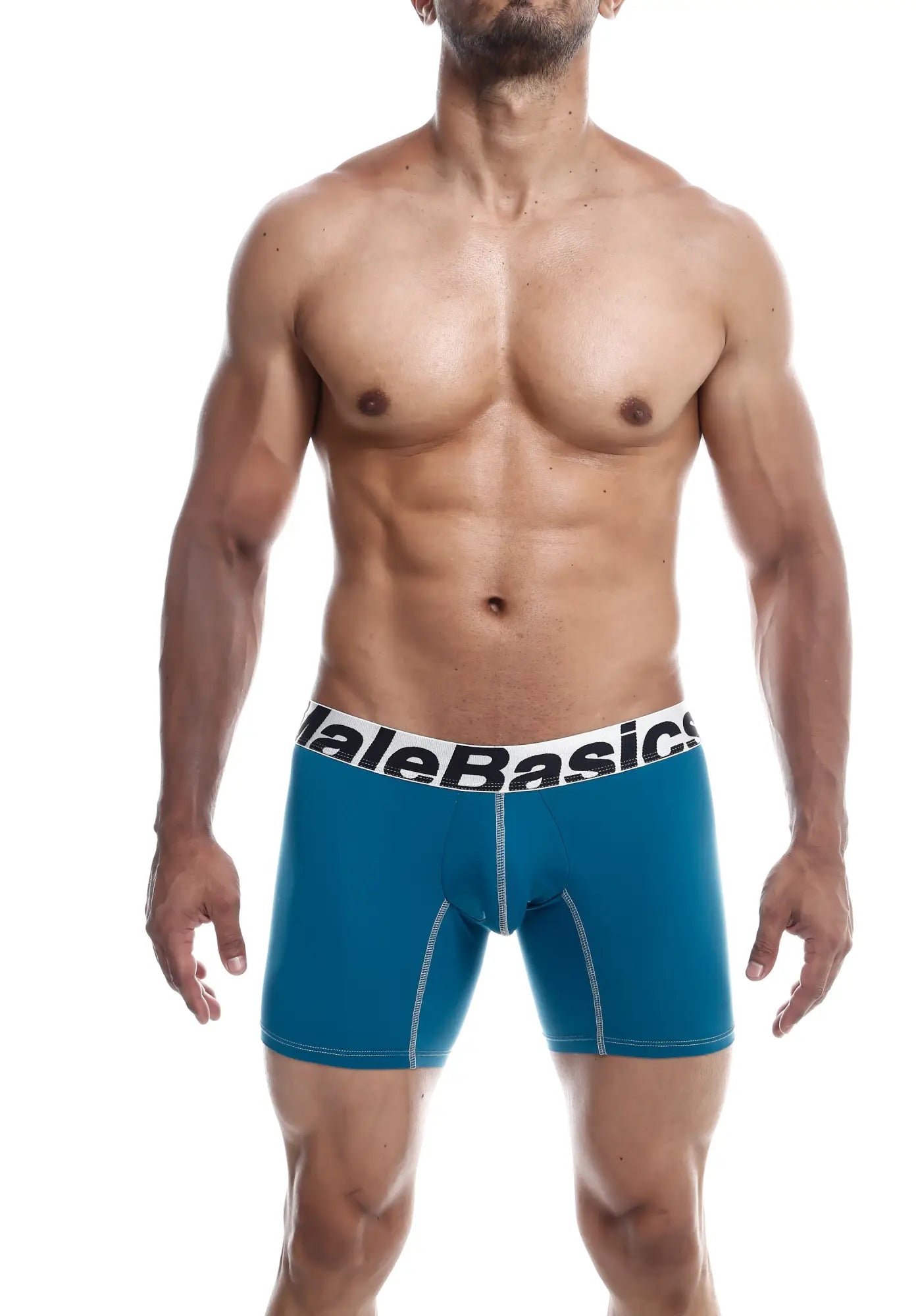 Malebasics microfiber blue men’s boxer briefs with white waistband featuring malebasics logo in black text