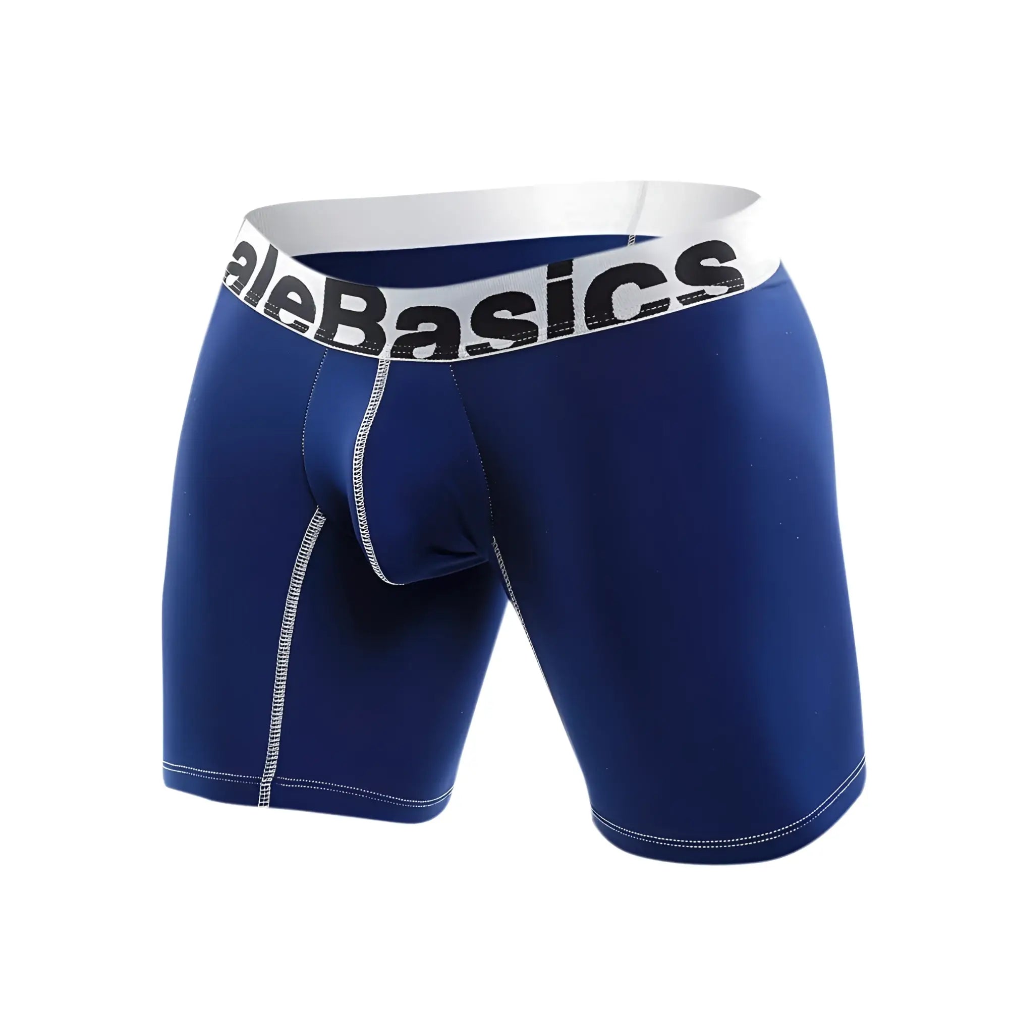 Malebasics microfiber blue men’s boxer briefs with white waistband and alebasics logo featuring contrasting stitching