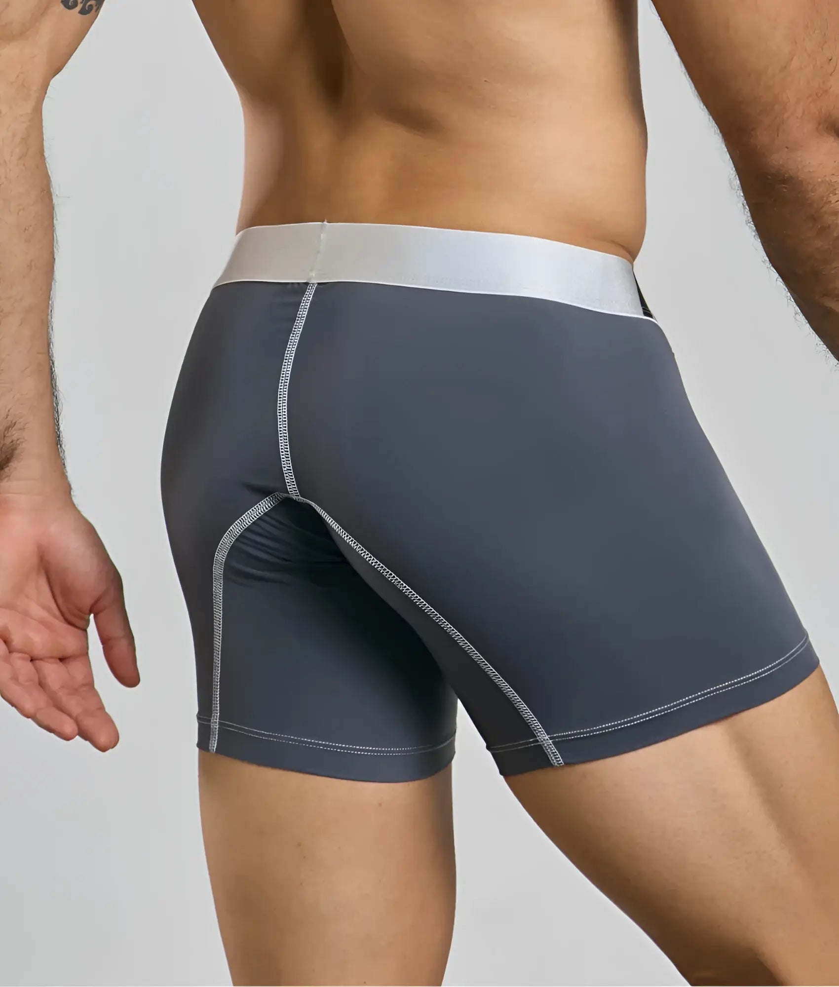 MaleBasics microfiber dark gray athletic boxer briefs with silver waistband and matching stitching for comfortable wear