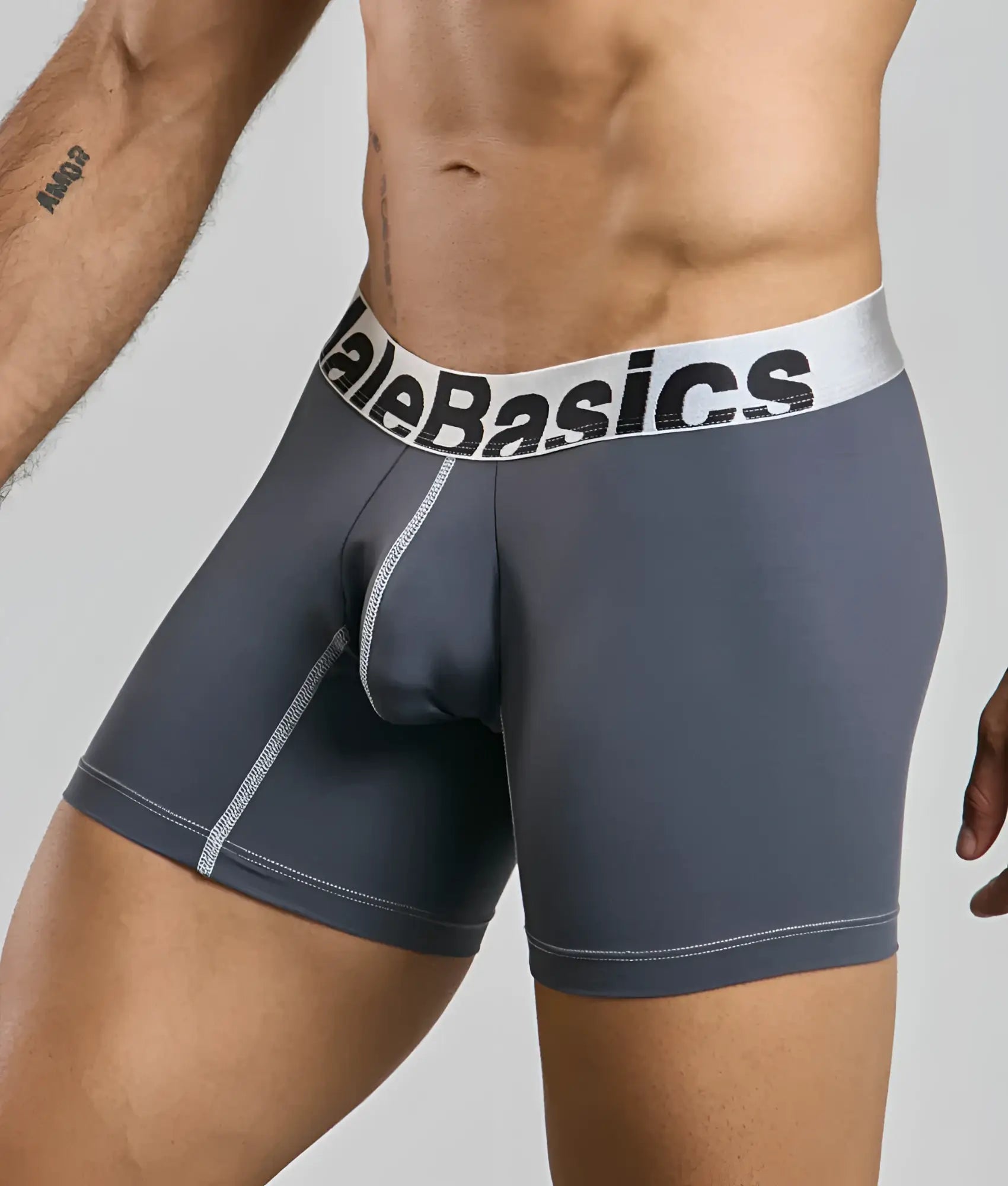 Gray malebasics microfiber boxer briefs with white waistband and black branding featuring light gray stitching
