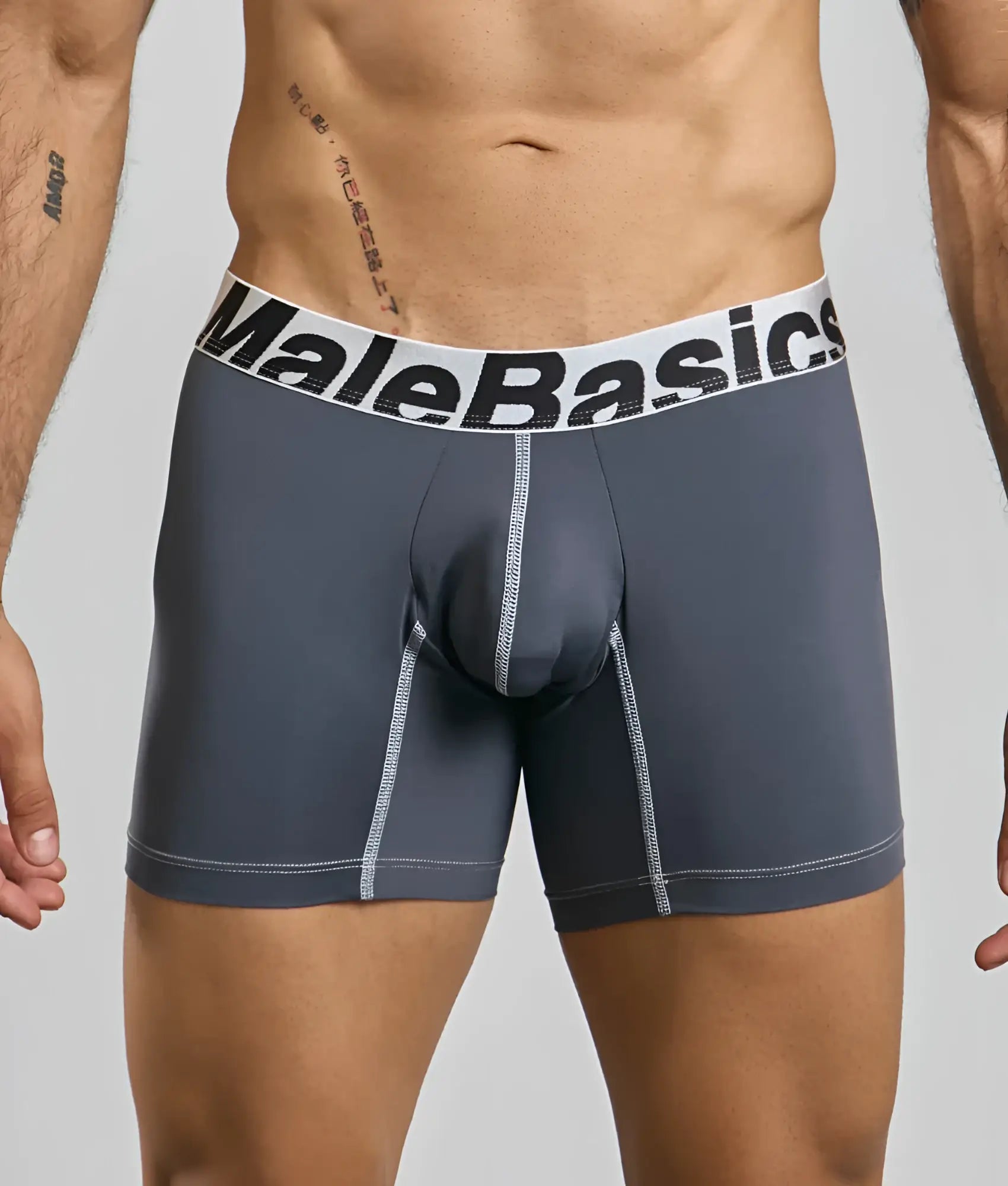 Gray malebasics microfiber boxer brief with white waistband black lettering and subtle gray side stitching