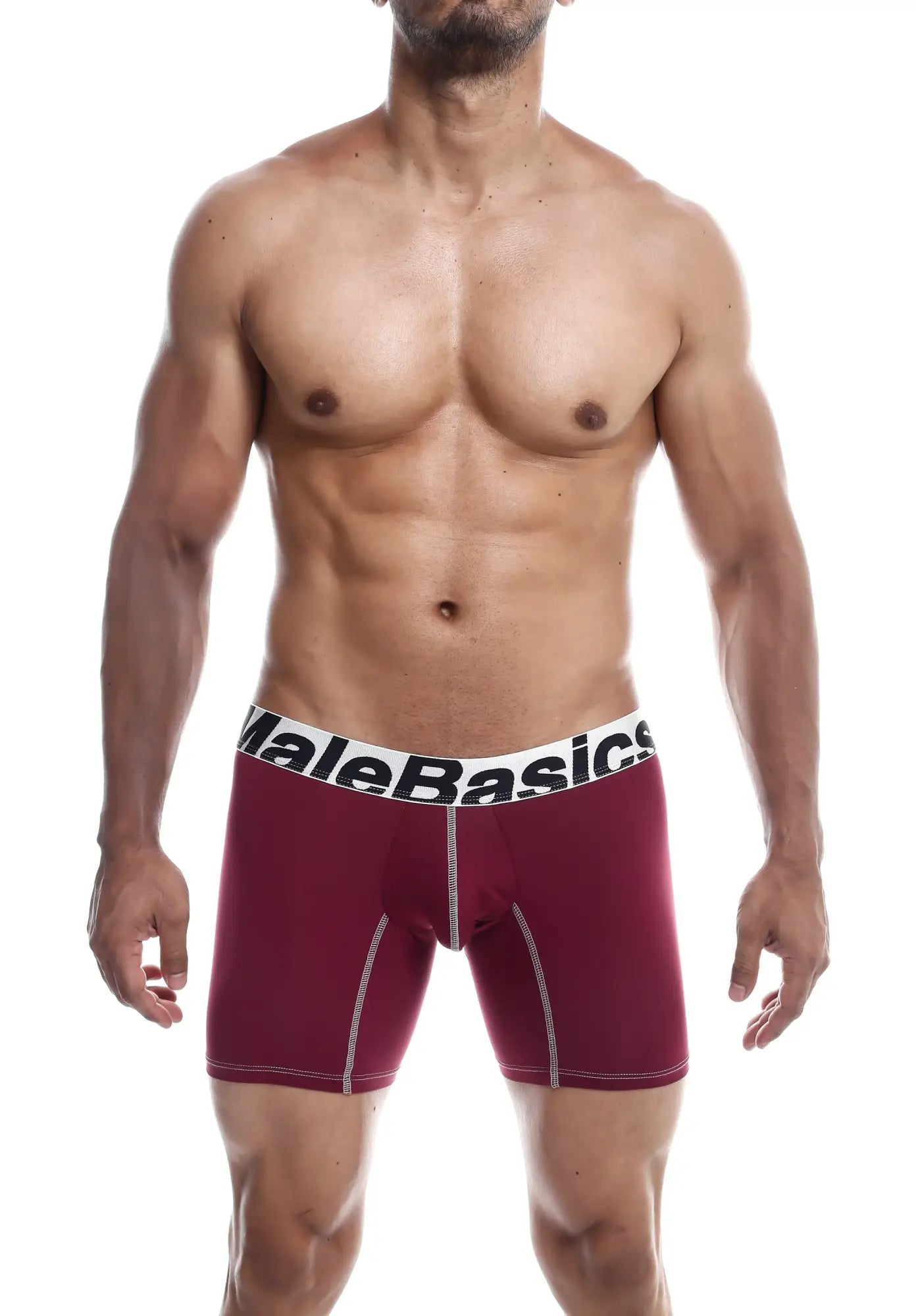 Maroon malebasics microfiber boxer briefs with white elastic waistband and contrasting stitching front view