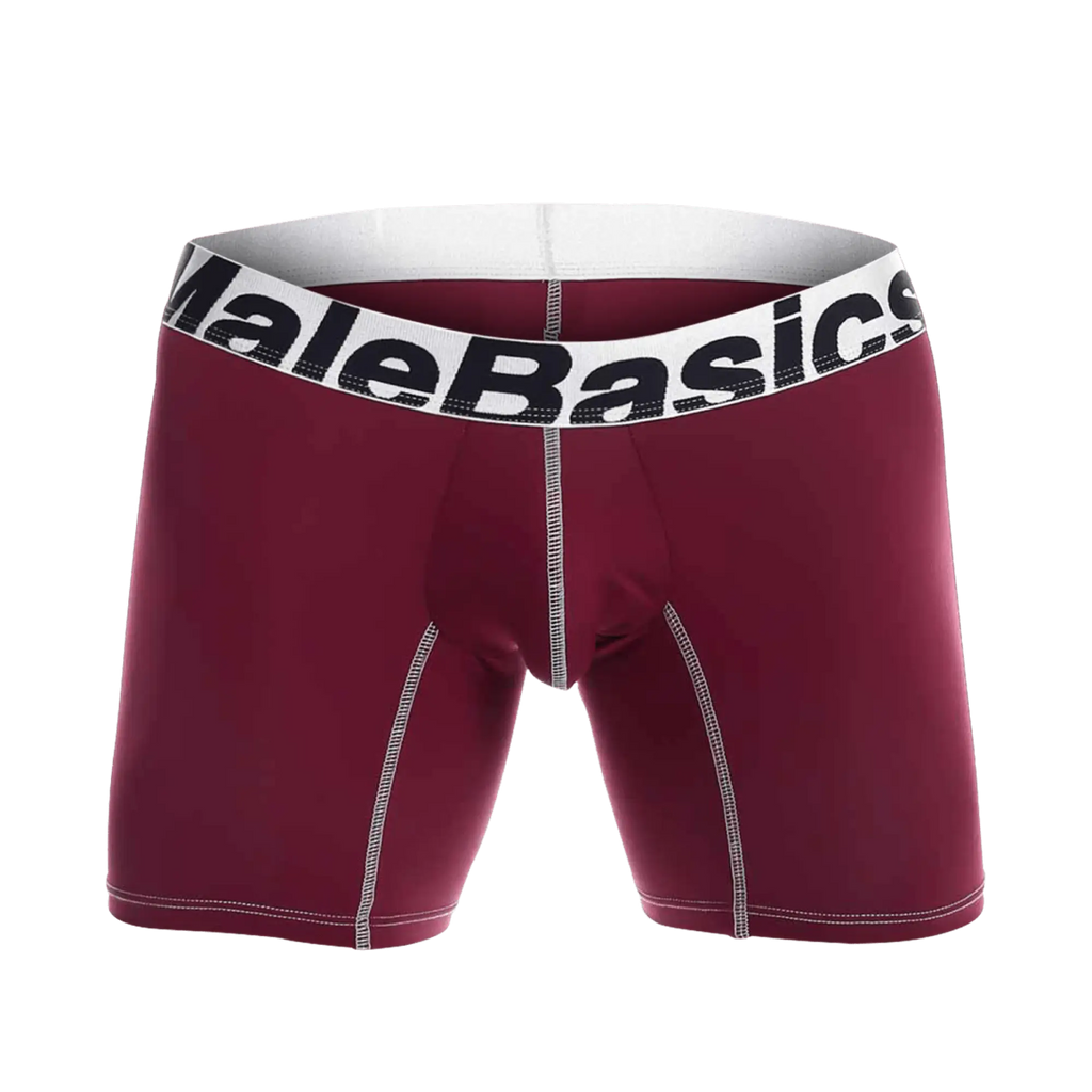 Maroon malebasics microfiber boxer briefs with white waistband black branding and contrasting stitching front view