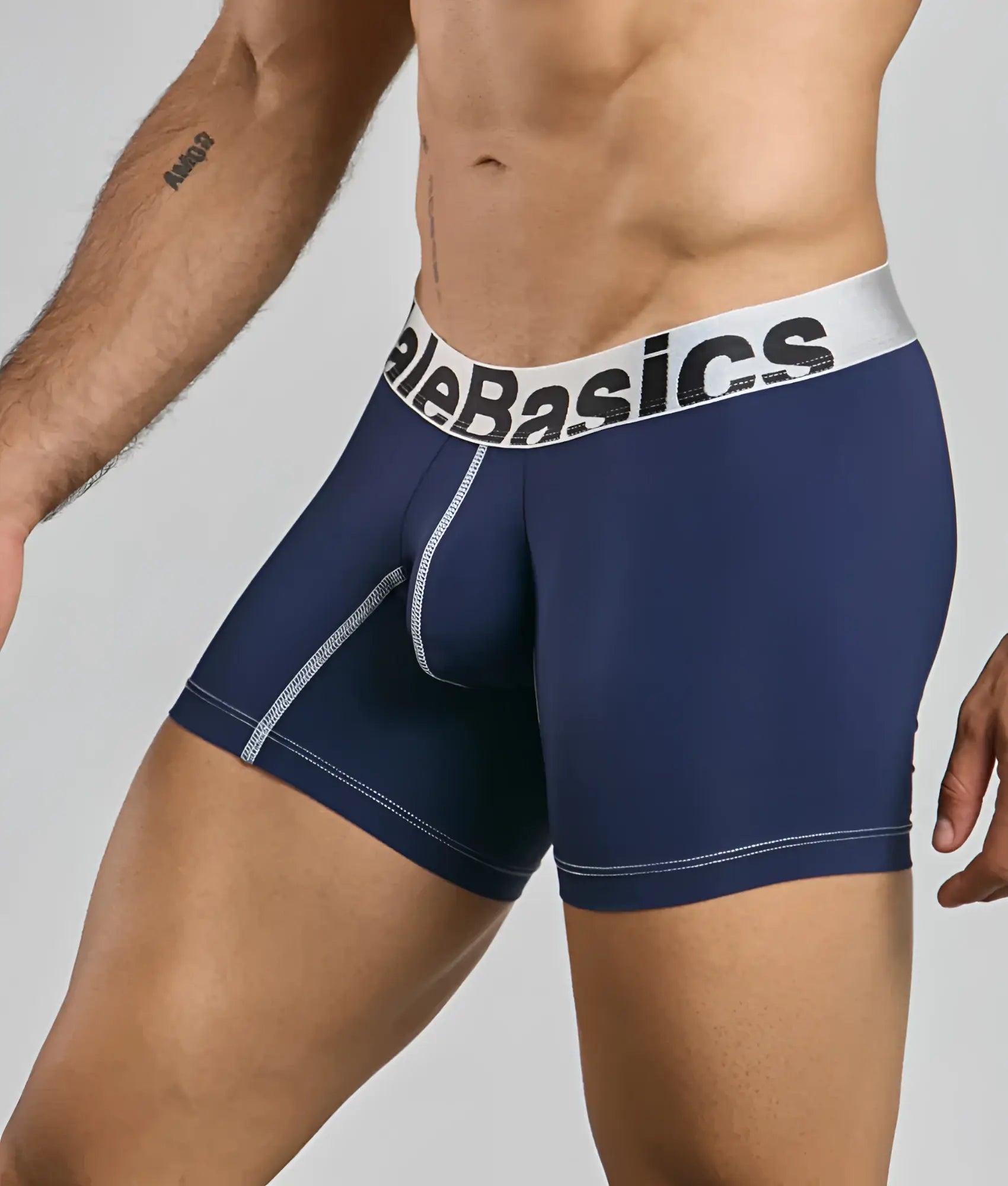 Malebasics microfiber navy blue men’s boxer briefs with white elastic waistband and contrasting light gray stitching
