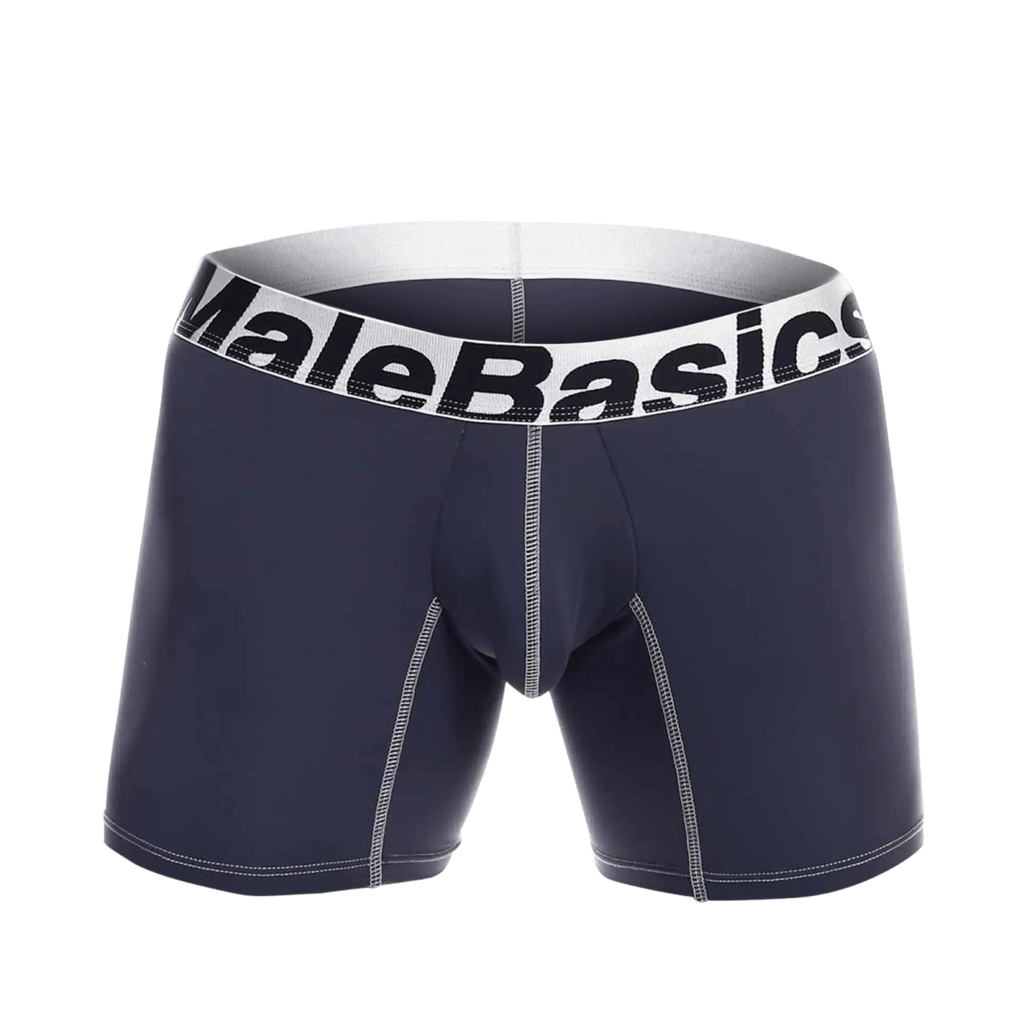 Navy blue malebasics microfiber boxer briefs with white waistband black lettering and light gray seam stitching