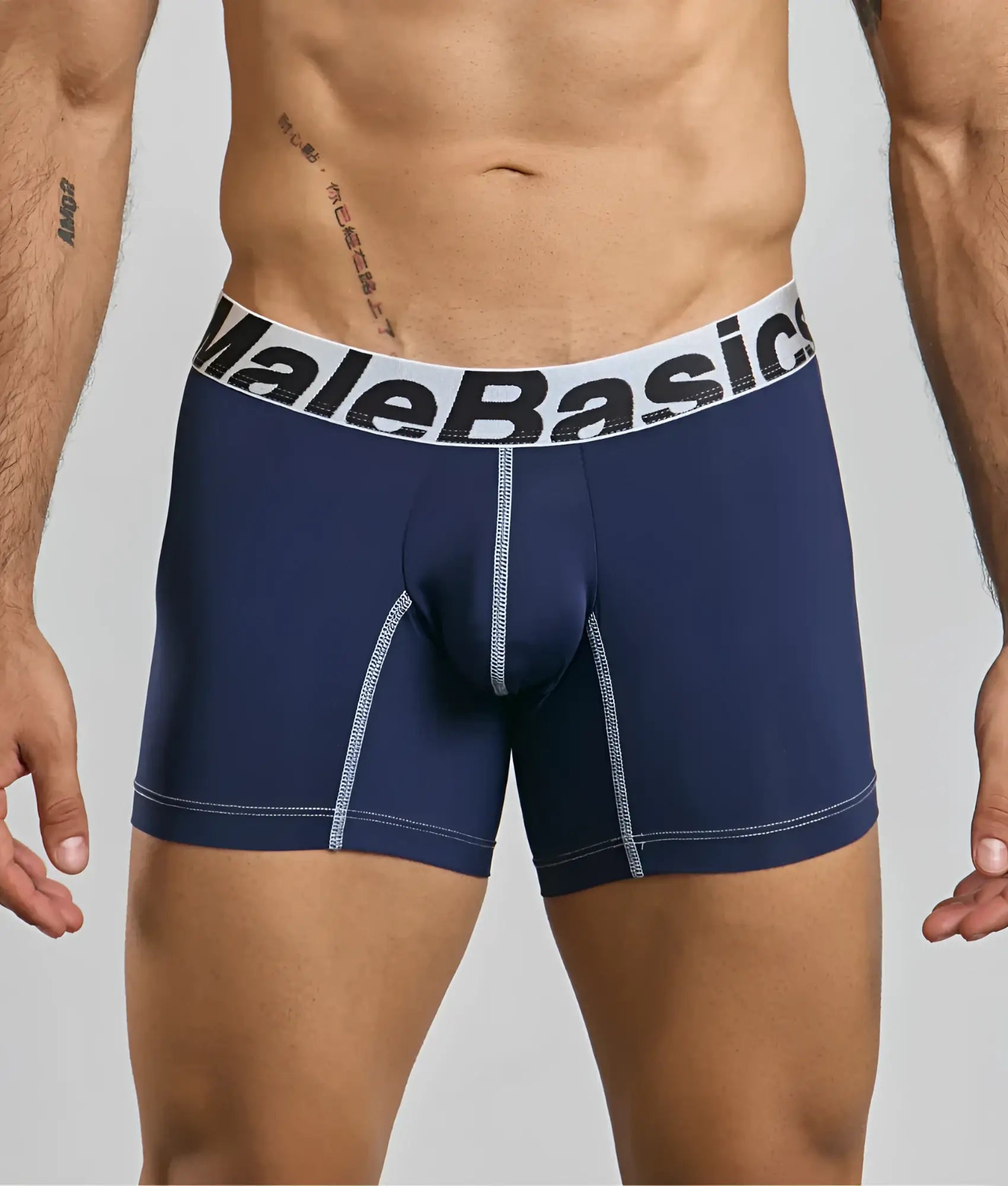 Navy blue malebasics microfiber boxer briefs with white waistband and gray stitching showing front view
