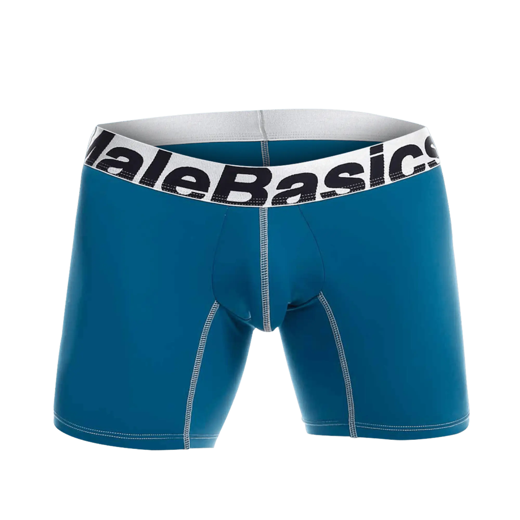 Teal malebasics microfiber boxer briefs with white waistband black lettering and light gray stitching along seams