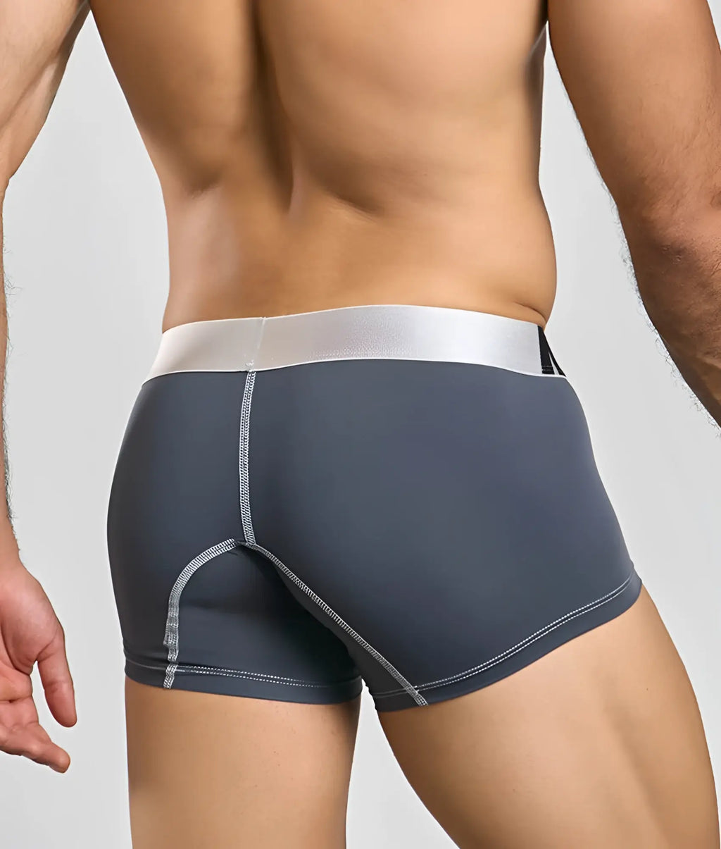 Dark gray male basics microfiber boxer briefs with silver waistband and matching stitching details