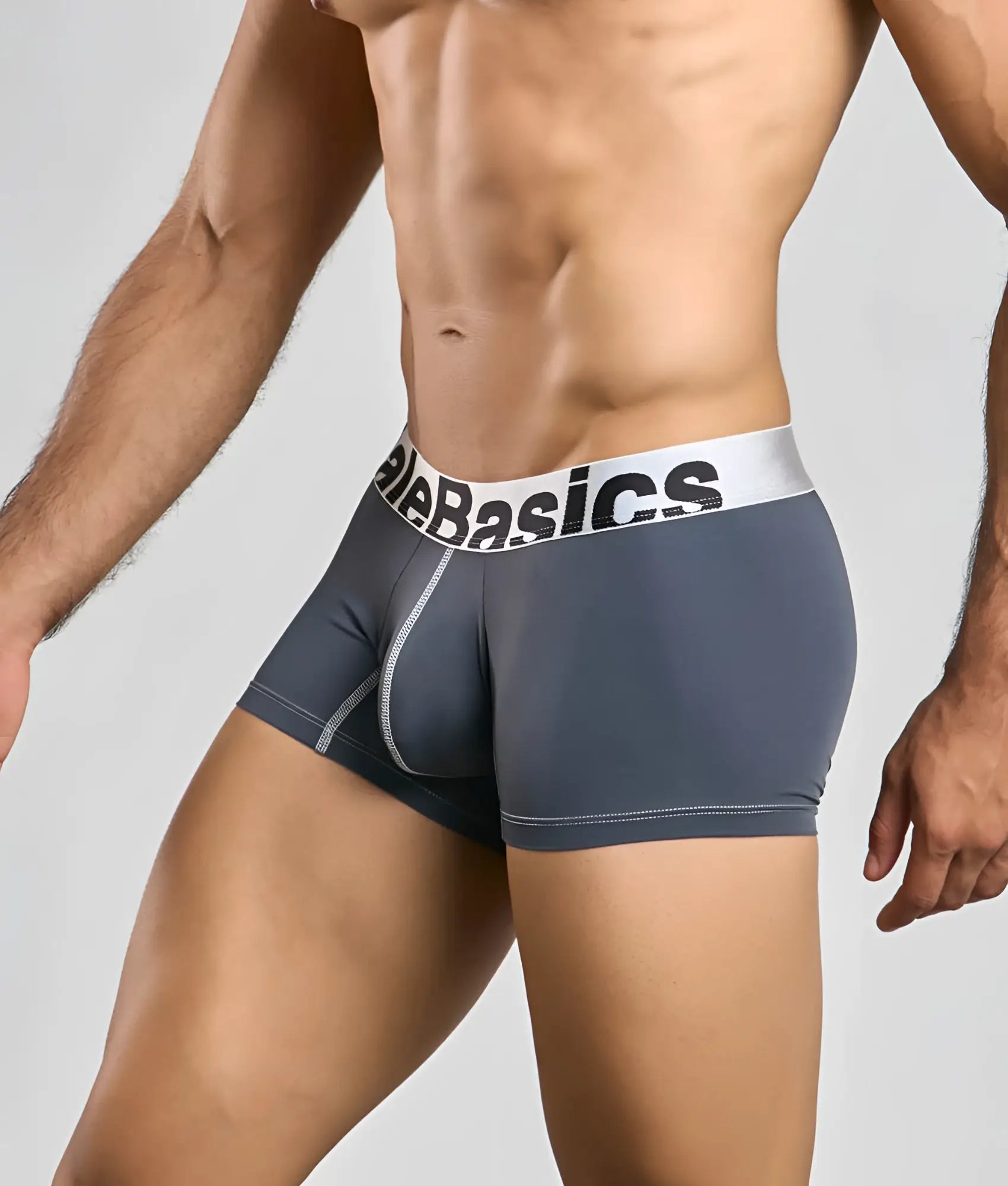 Gray malebasics microfiber boxer briefs with white elastic waistband and black branding featuring subtle gray stitching