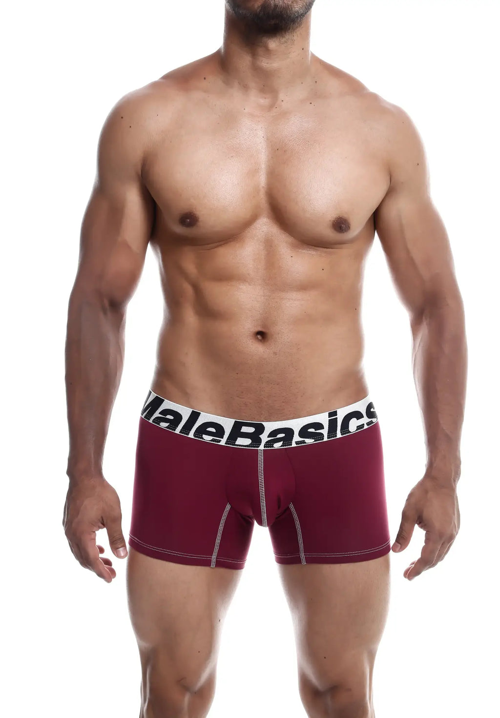 Maroon malebasics microfiber boxer briefs with white waistband black lettering and white side stitching front view