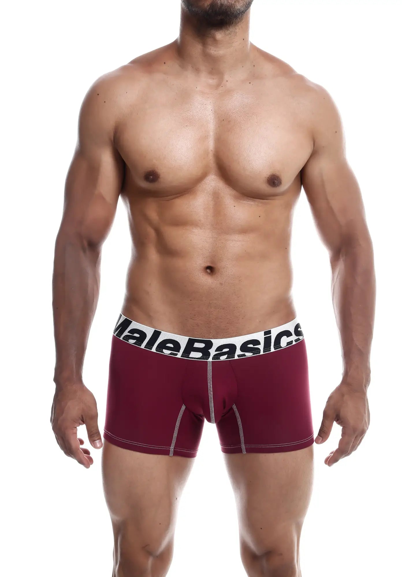 Maroon malebasics microfiber boxer briefs with white waistband black lettering and white side stitching front view