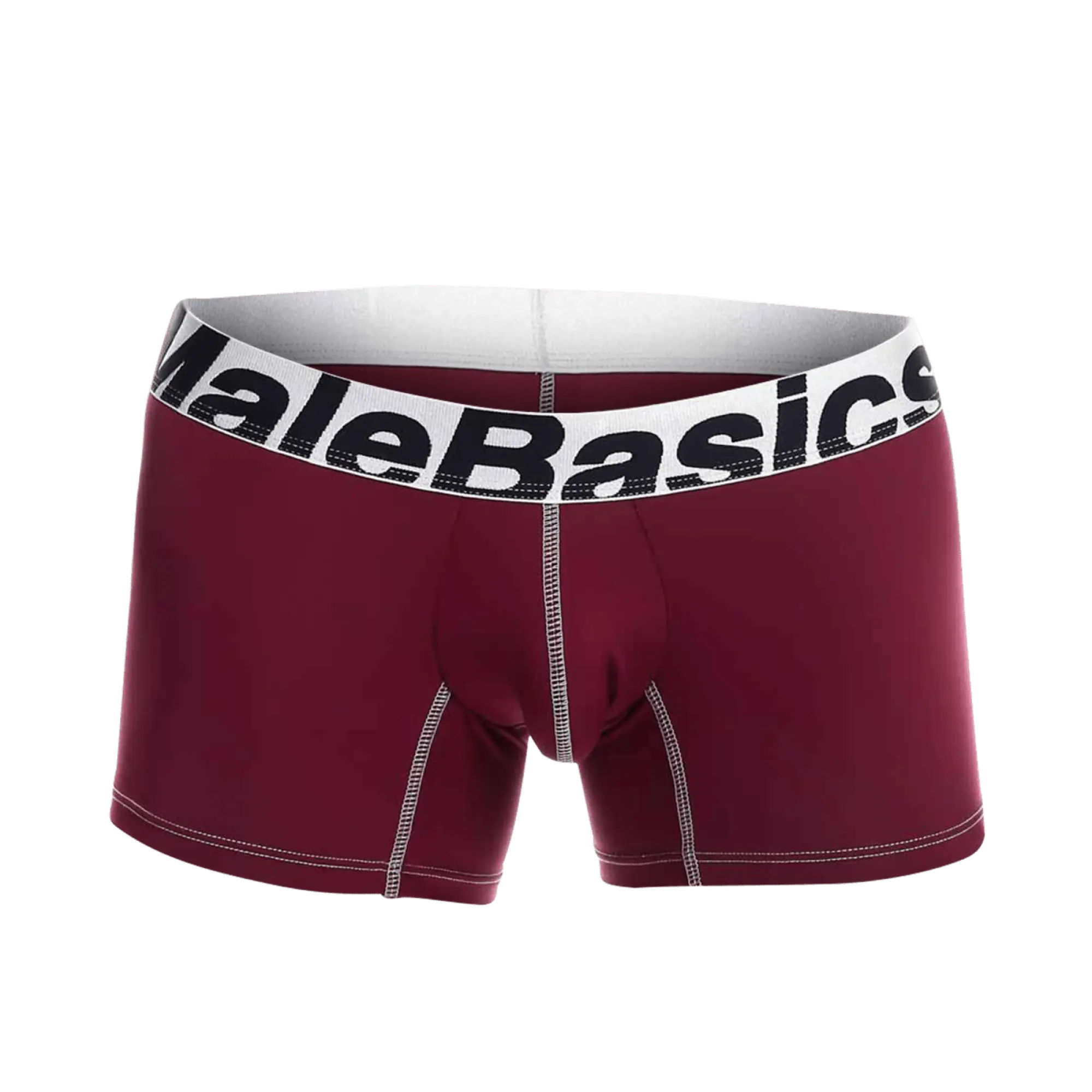 Maroon Malebasics microfiber boxer briefs with white waistband black branding and contrasting white seam stitching