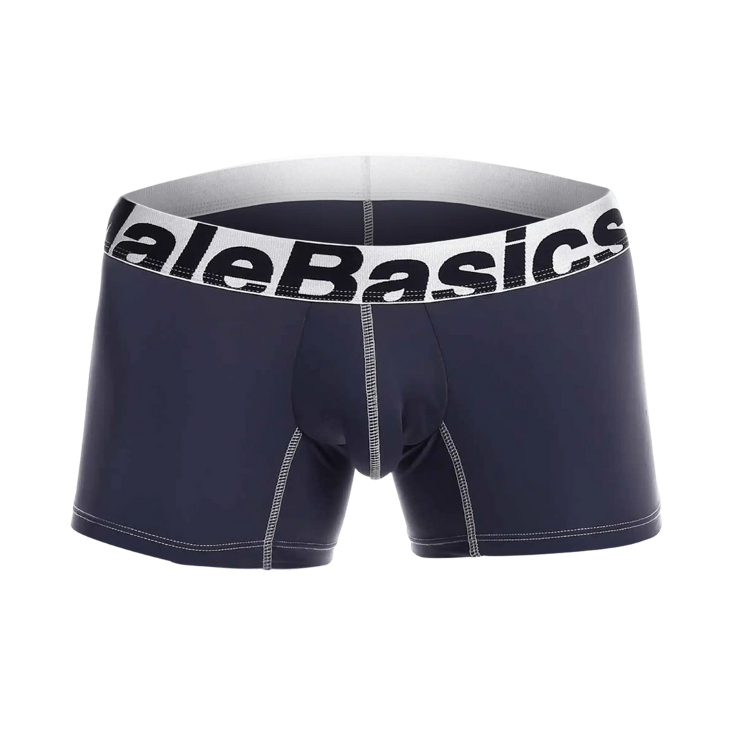 Malebasics microfiber boxer navy blue men’s briefs with white elastic waistband and gray contrast stitching