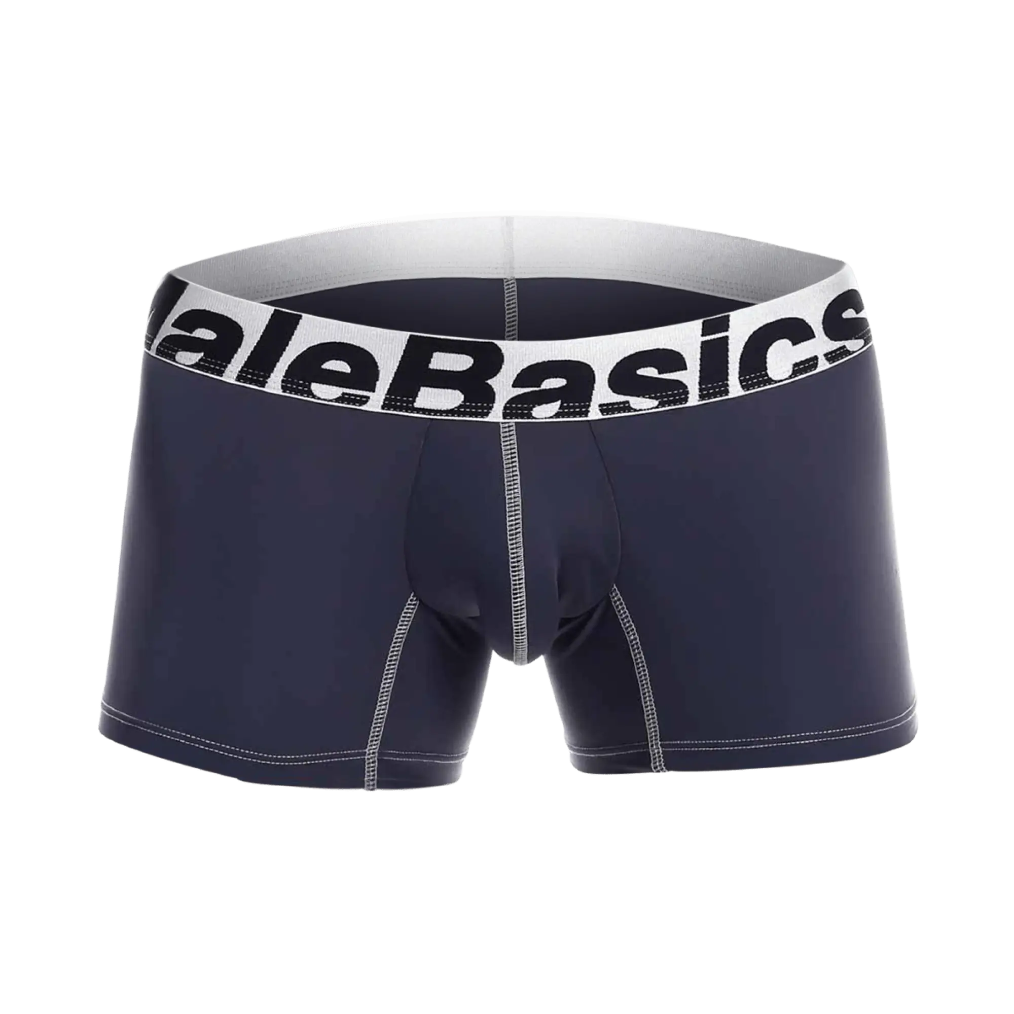 Malebasics microfiber boxer navy blue men’s briefs with white elastic waistband and gray contrast stitching